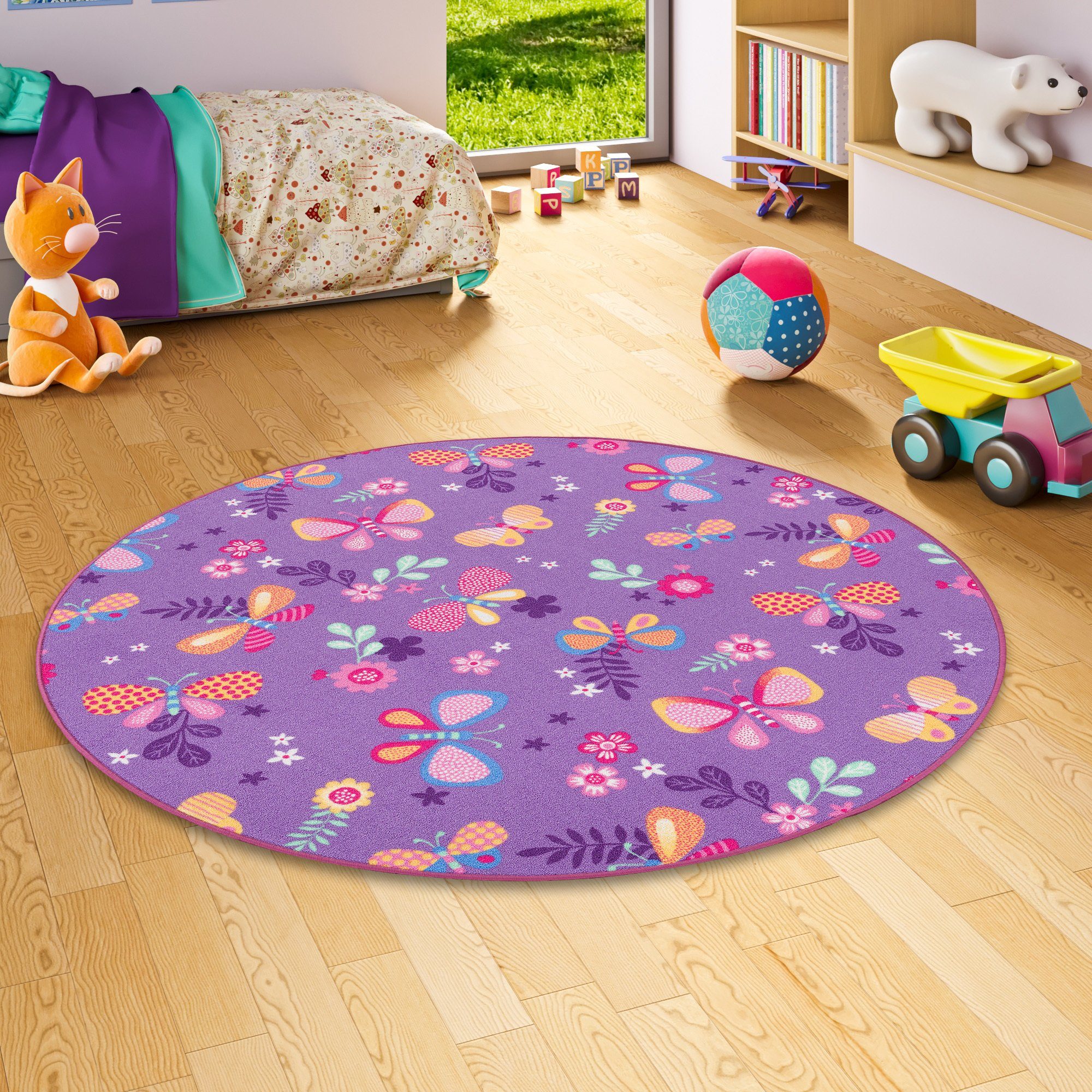 Snapstyle Kinderteppich Kinder Spiel Teppich Schmetterling Rund, Rund, Höhe: 4 mm