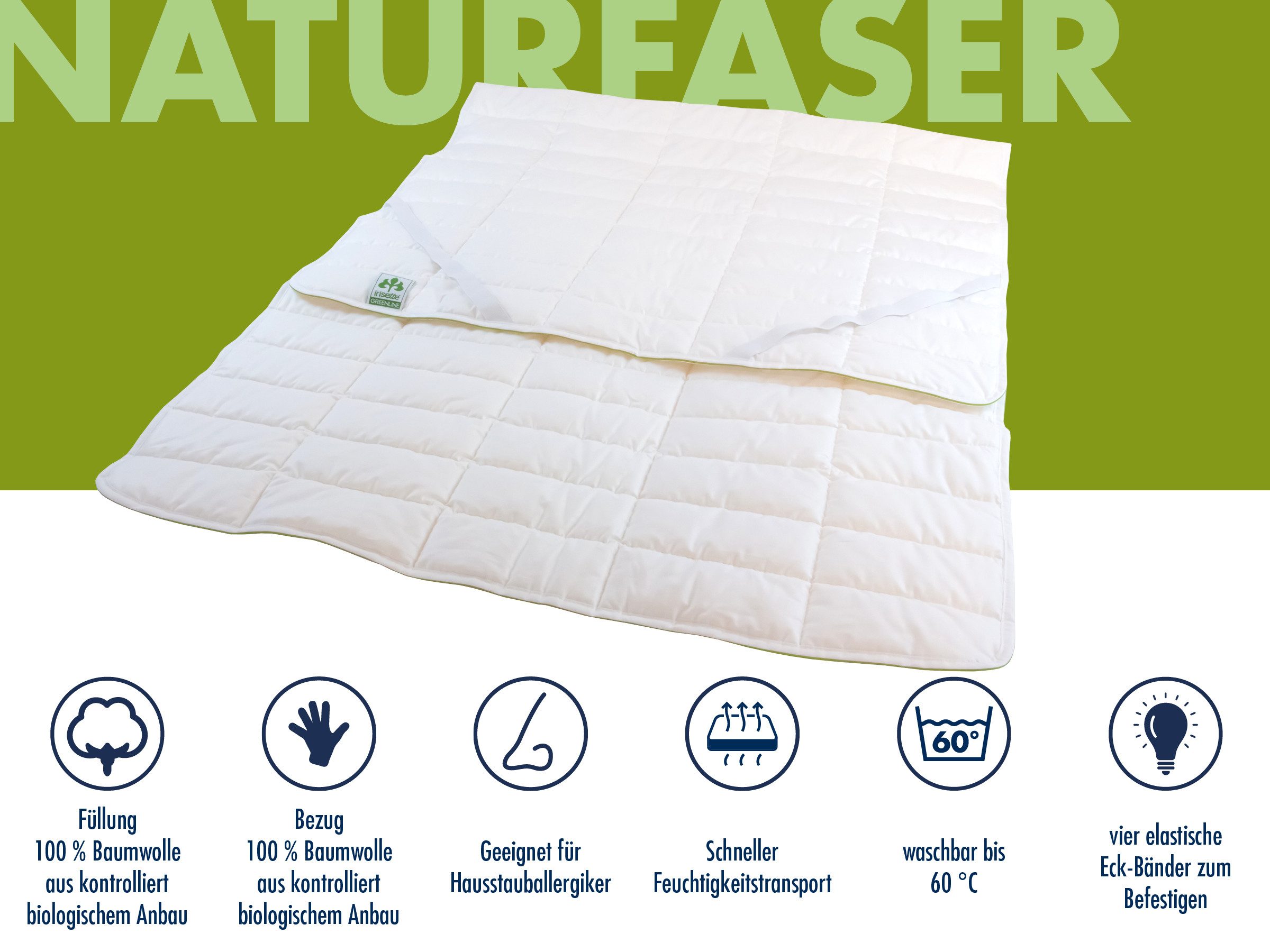 Matratzenauflage Auflage Irisette Greenline Baumwolle irisette GREENLINE, perfekt für Naturliebhaber, Produktion in Deutschland
