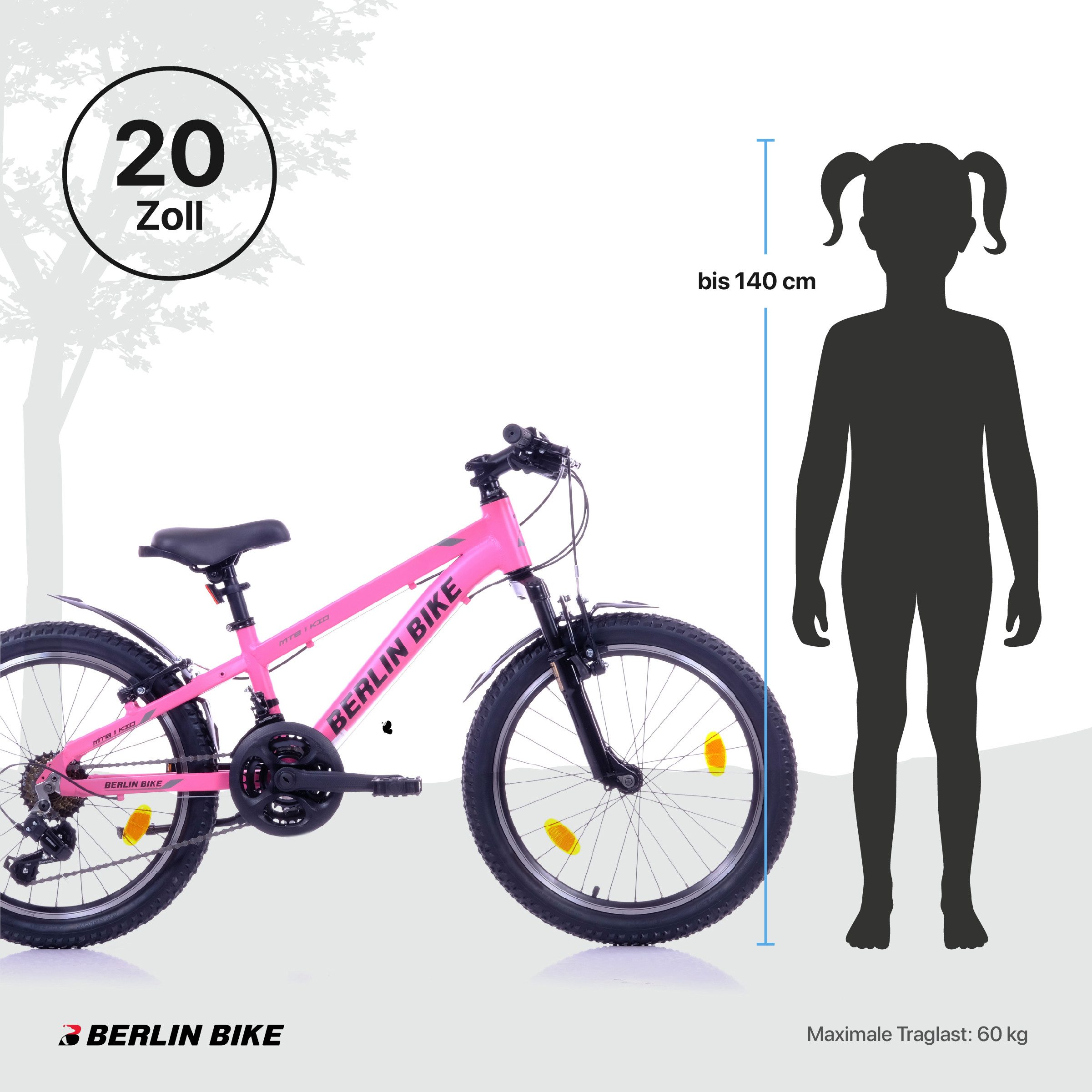 BERLIN BIKE Kids' 20-inch MTB with aluminum frame - Ideal gift for children, 21-speed Shimano FD-TZ500/RD-TY200D derailleur, front suspension, aluminum frame