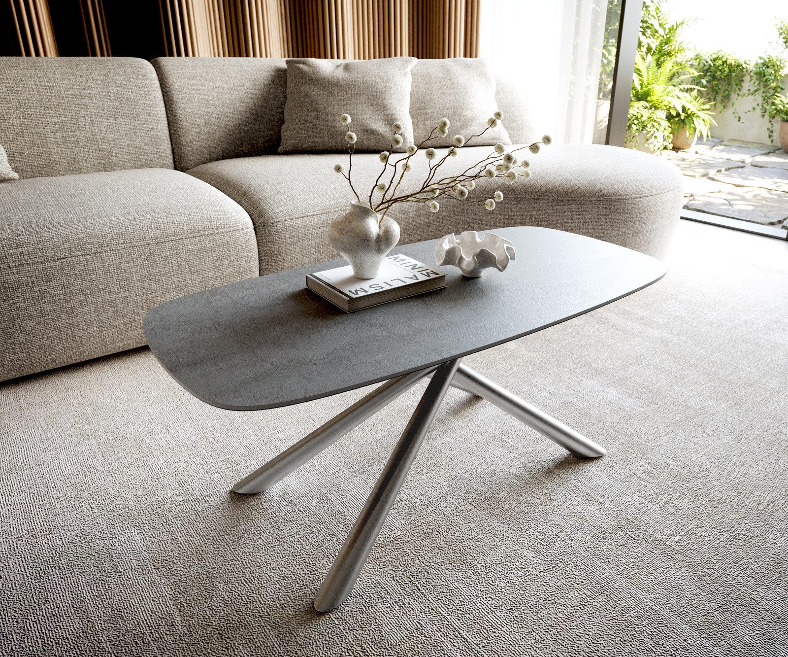 DELIFE Couchtisch Edge, Boot 100x50 cm Keramik Beton Grau Sarity Edelstahl gebürstet