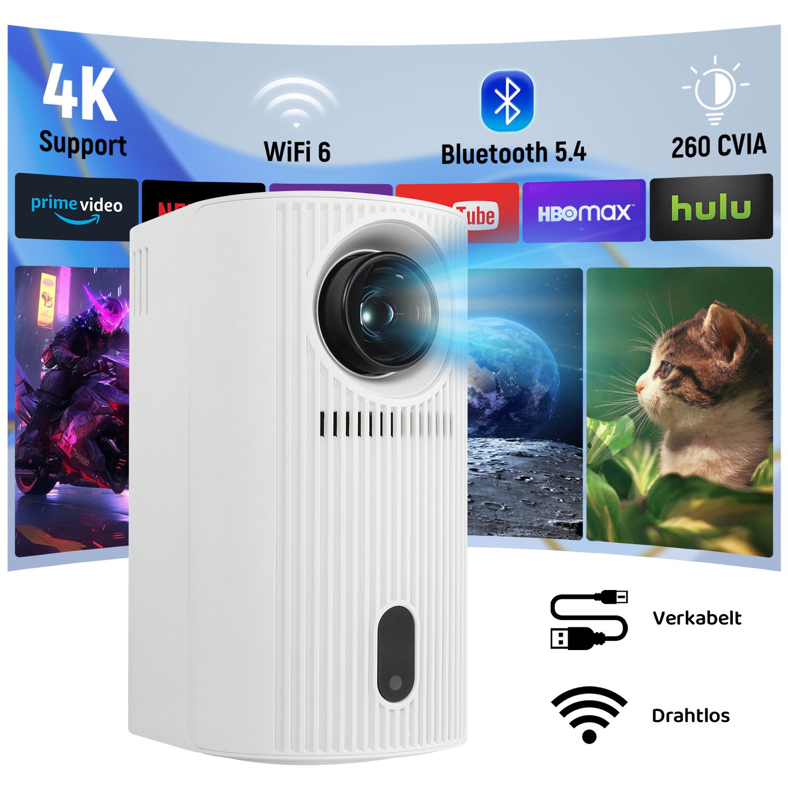 BUFO Mini Beamer 4K 1080P Full HD, WiFi 6, Android 11 Auto Trapezkorrektur Portabler Projektor (1920 x 1080 px, 4K Heimkino, HIFI-Lautsprecher, WiFi6 & BT 5.4, 1500:1)