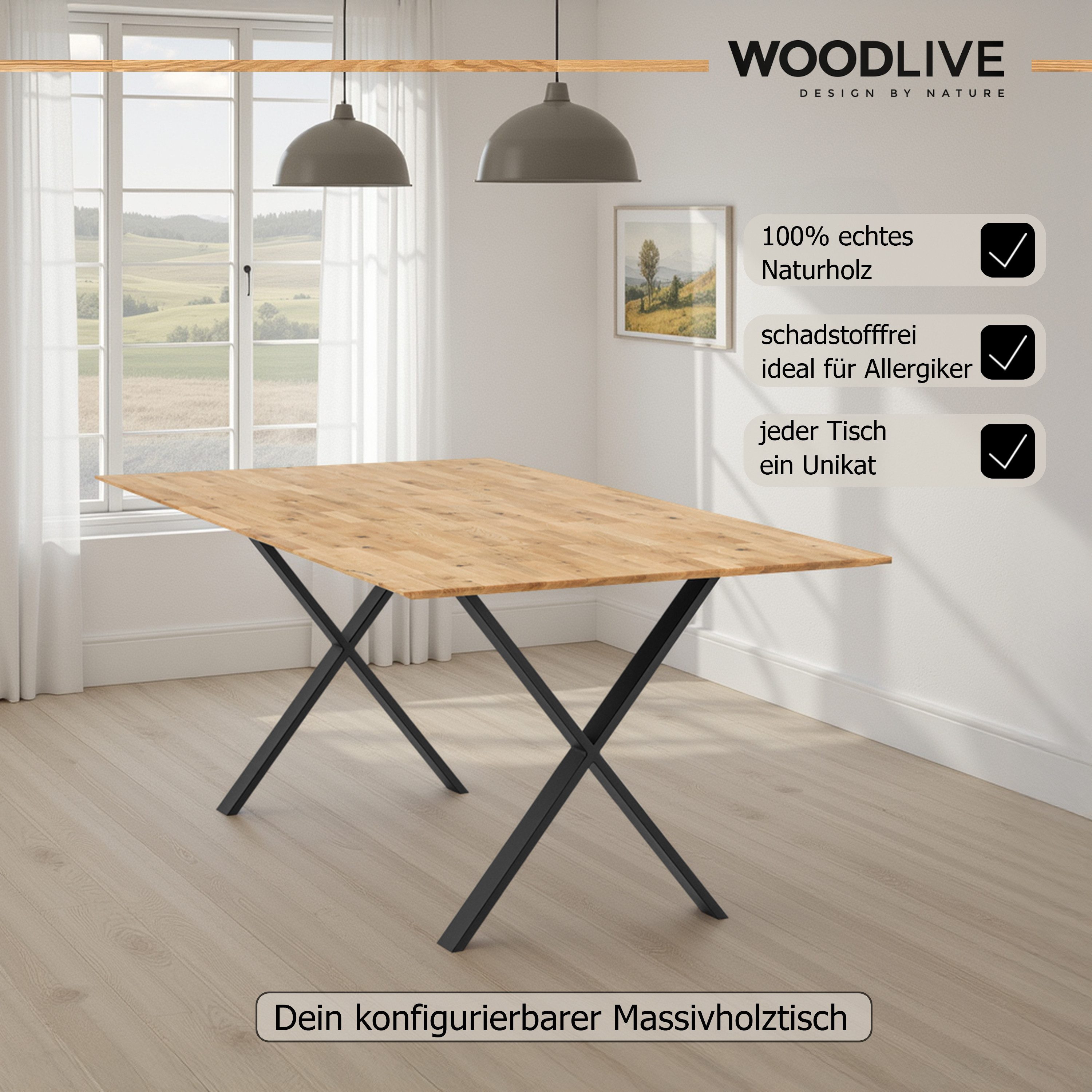 WOODLIVE Esstisch moderner Massivholztisch Arto aus Wildeiche mit Tischgest günstig online kaufen