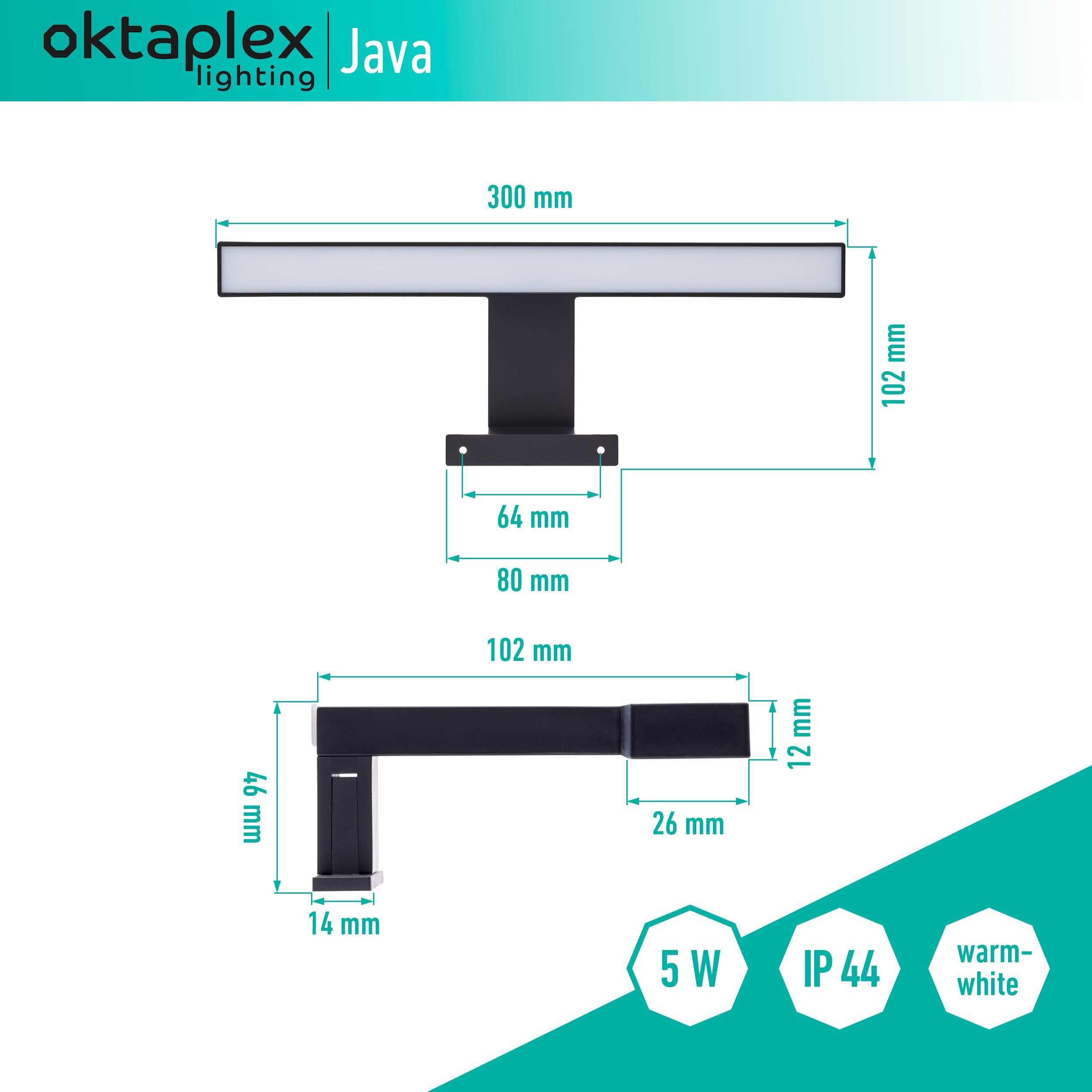 Oktaplex lighting LED und fest Spiegelleuchte Spiegelleuchte warmweiß, verbaut, Klemm- in LED 1 Java LED, 30cm, LED Schwarz 2 320lm Spiegellampe Aufbauleuchte 5W