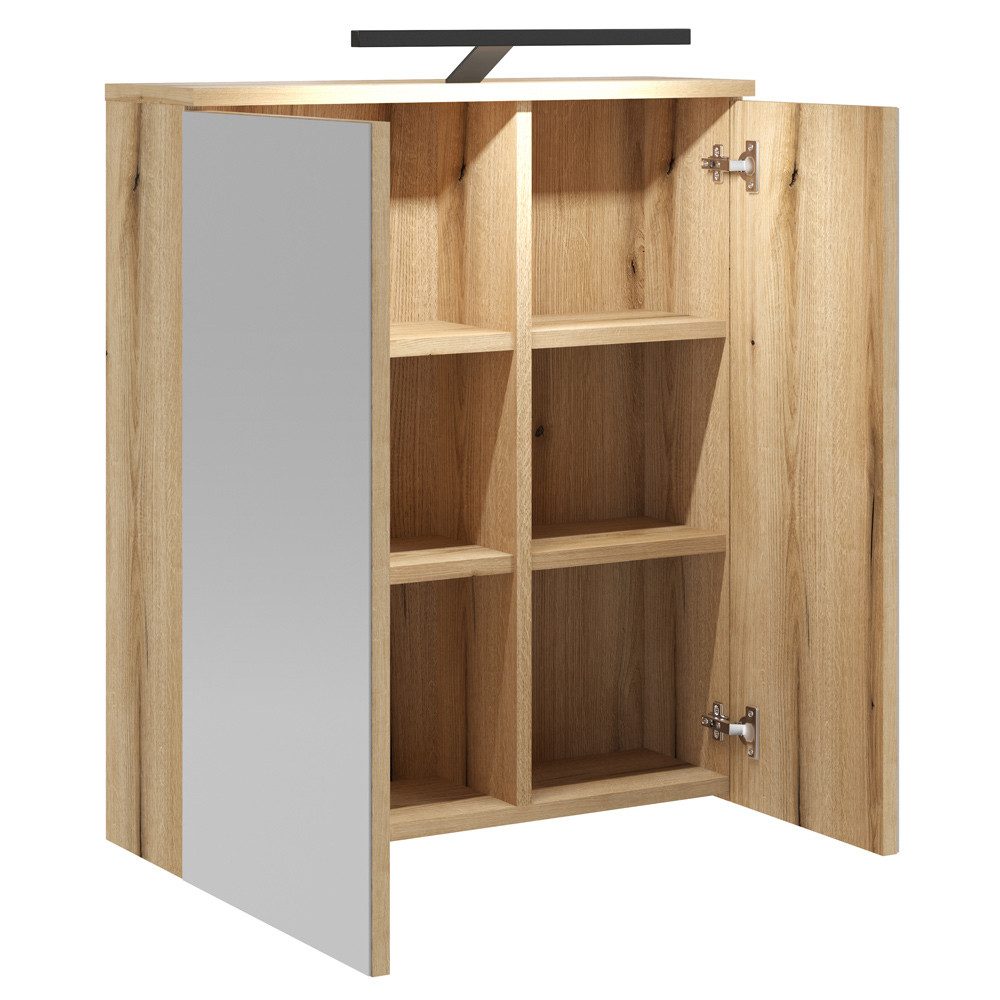 Lomadox Spiegelschrank OLEAN-61 Eiche Dekor 2-türig 60 cm breit LED Beleuchtung schwarz