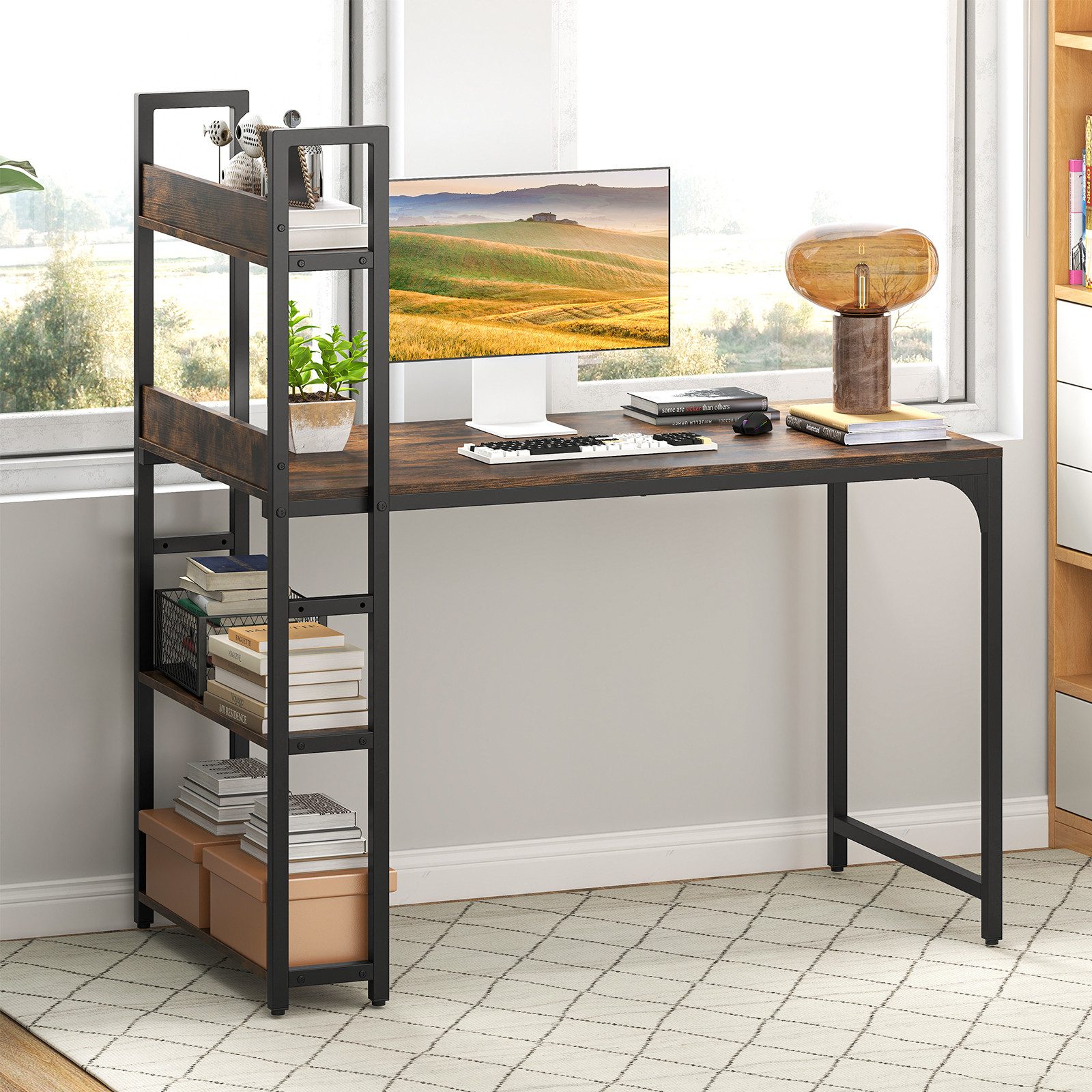 COSTWAY Schreibtisch, mit Ladestation, Regal-Schreibtisch 120x65cm, günstig online kaufen