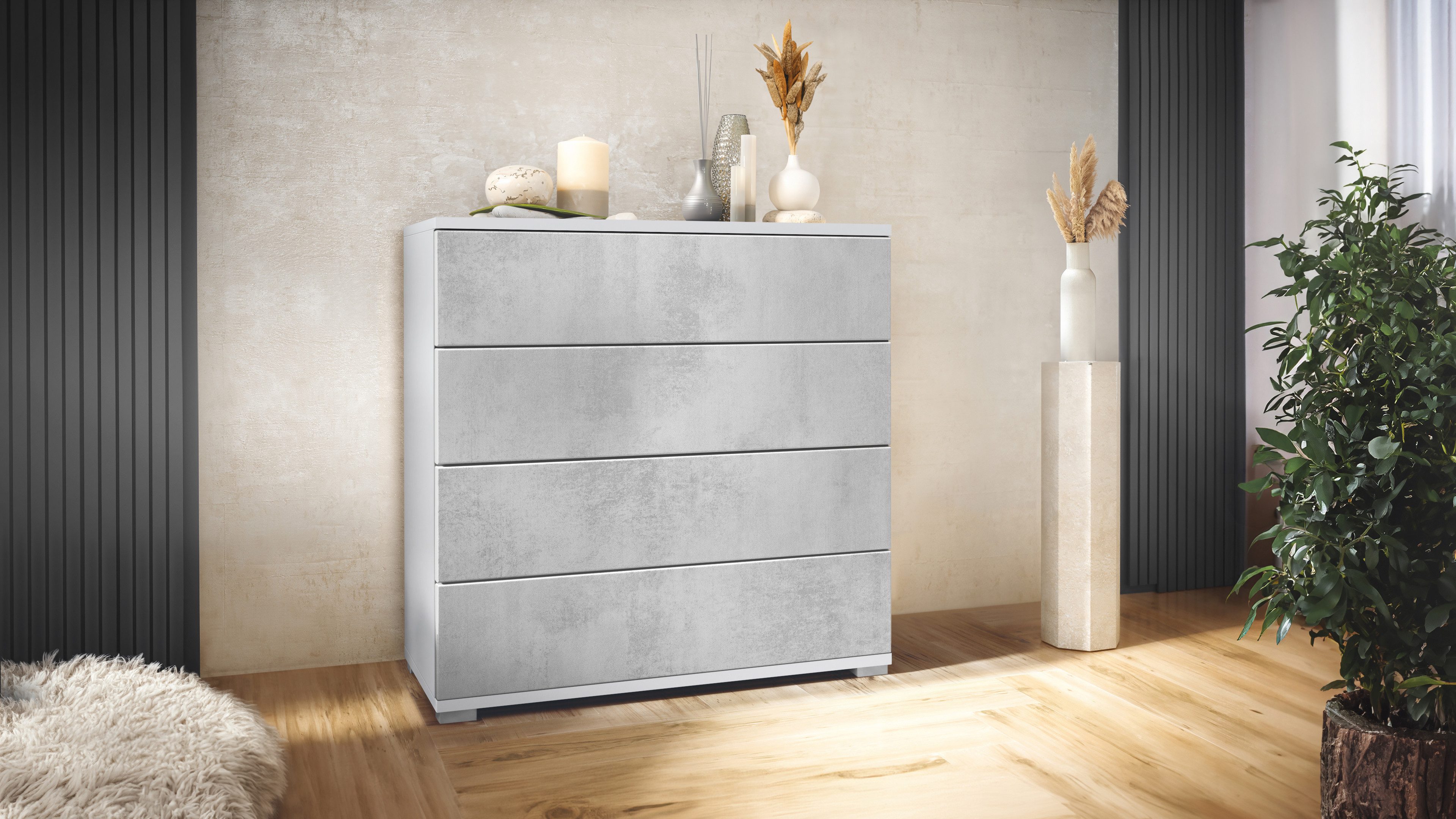 Vladon Kommode Pavos V3 (Sideboard, mit 4 Schubladen), Weiß matt/Beton Oxid Optik (76 x 76 x 35 cm)
