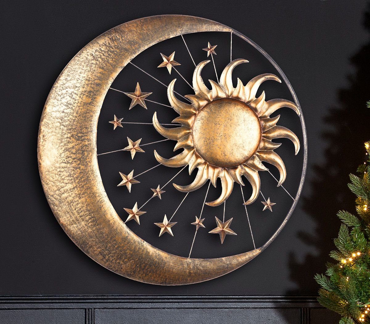 Dekoobjekt Metall Wandrelief Sonne, Mond und Sterne in antik bronzefarben