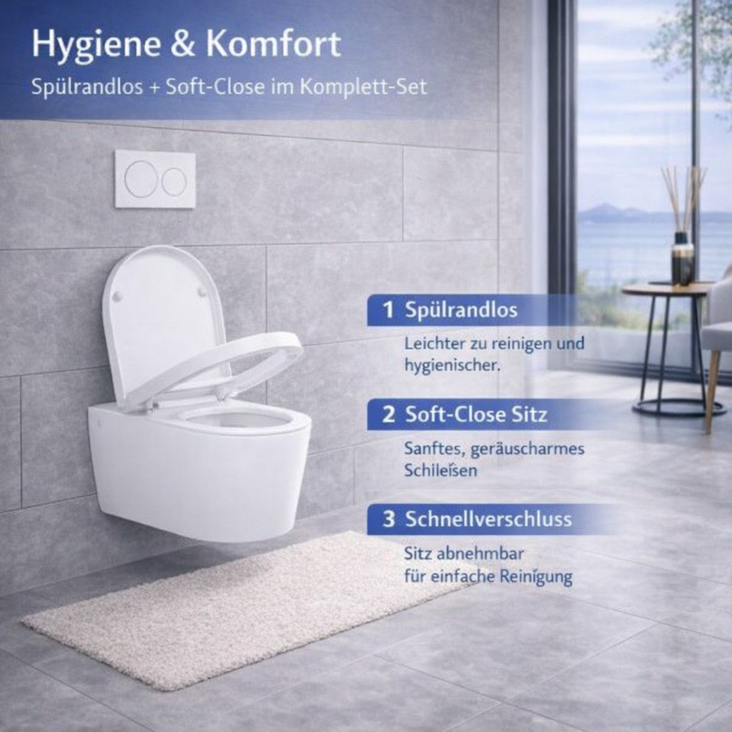 welltime Tiefspül-WC Vigo, wandhängend, Abgang waagerecht, spülrandlose Toilette aus Sanitärkeramik, inkl. WC-Sitz mit Softclose