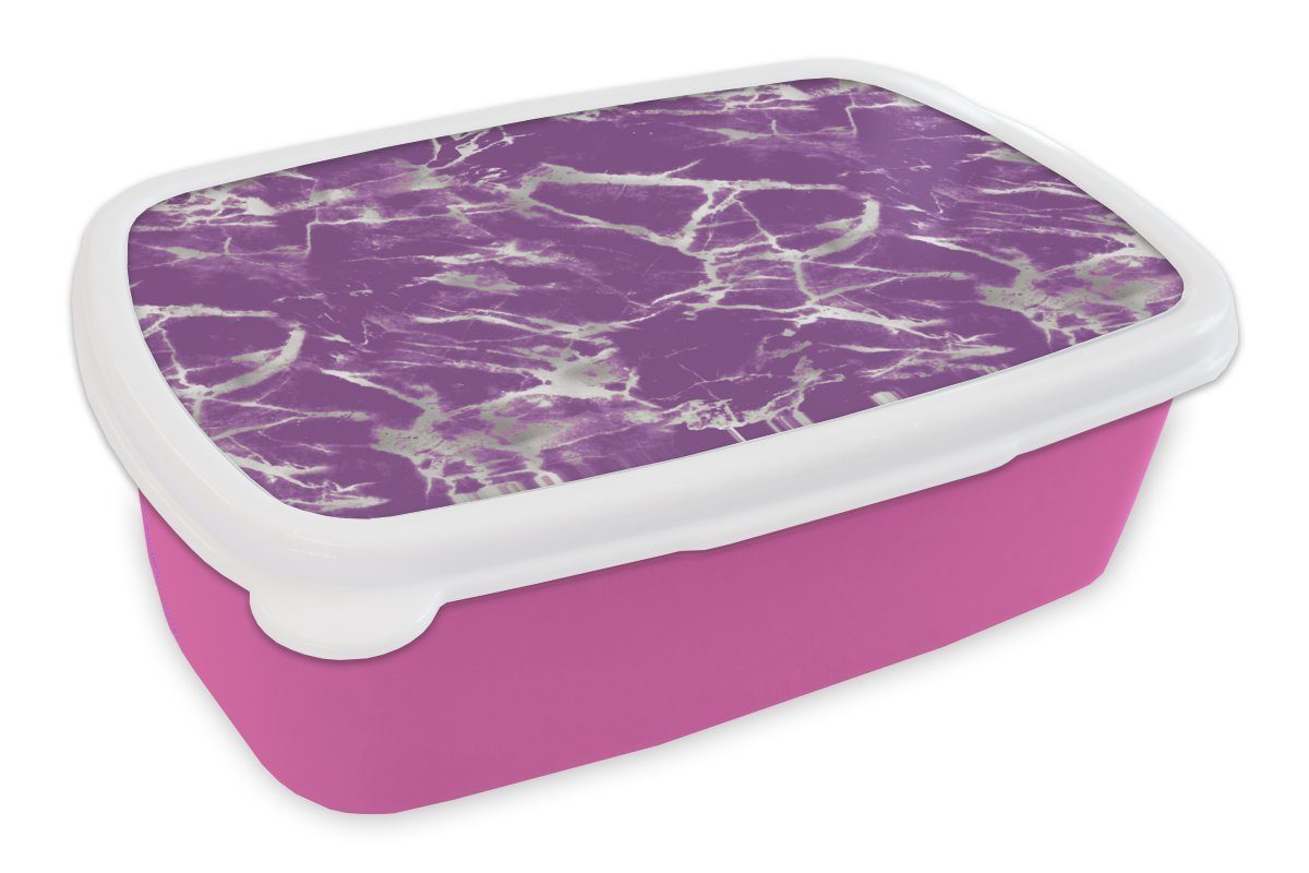 MuchoWow Lunchbox Violett - Weiß - Marmor - Muster, Kunststoff, (2-tlg), Brotbox für Erwachsene, Brotdose Kinder, Snackbox, Mädchen, Kunststoff rosa