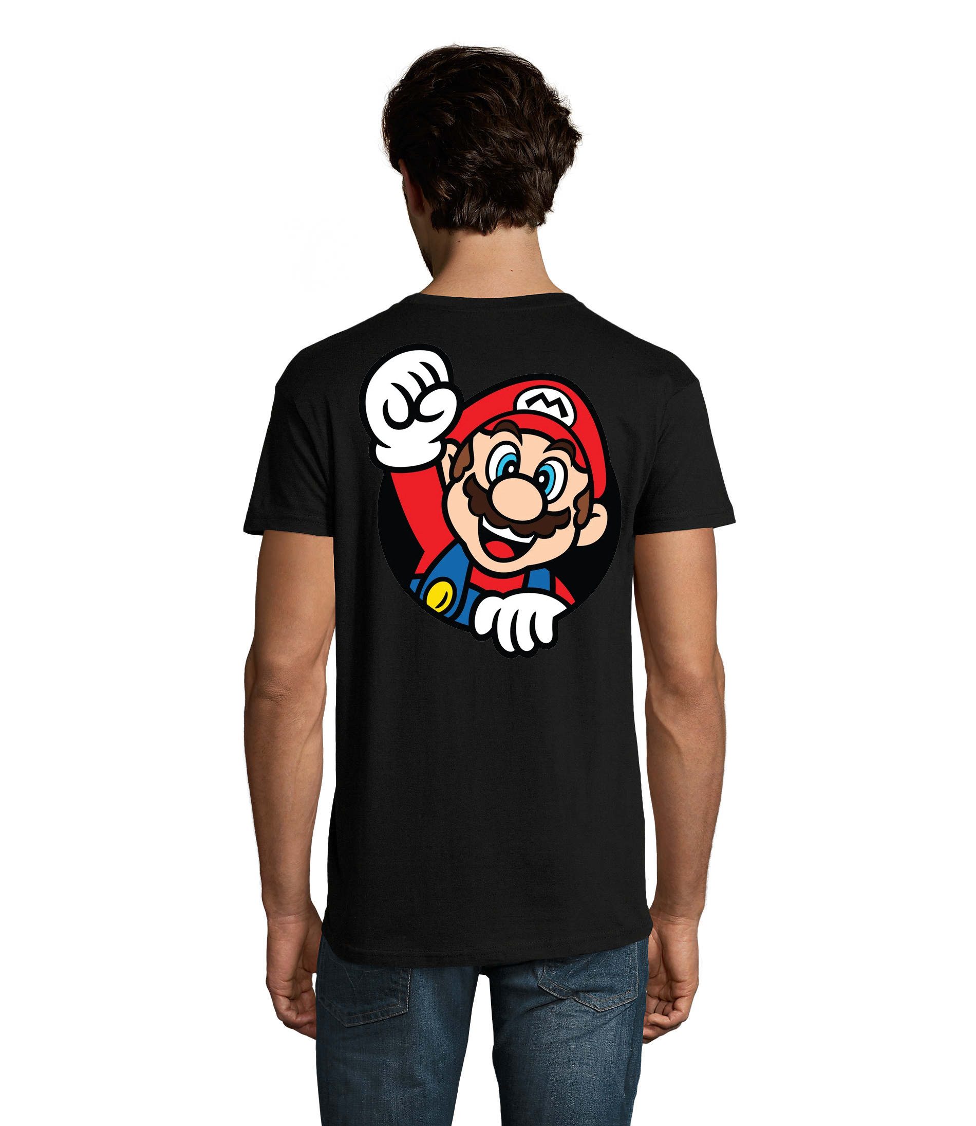Hubihu T-Shirt Super Mario Front Stick mit riesigem Rücken Druck in Rot und Schwarz Herren Super Mario T-Shirt mit Front-Patch großem Rückenprint Style
