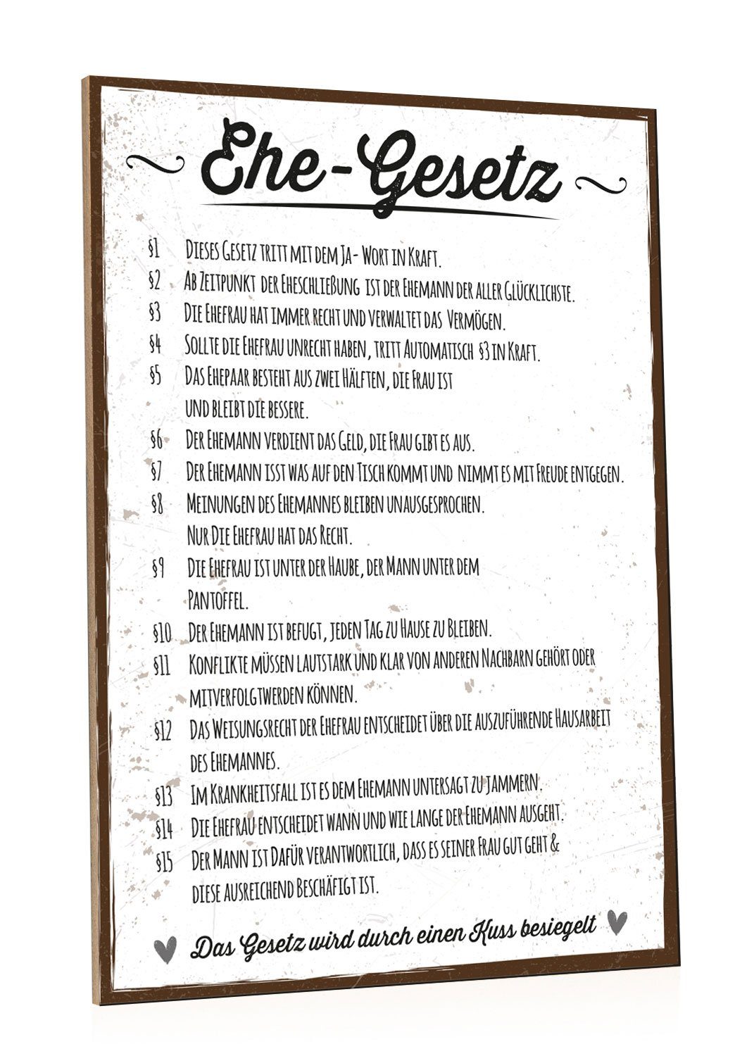GRAVURZEILE Holzbild Holzschild mit Spruch Ehe Gesetz