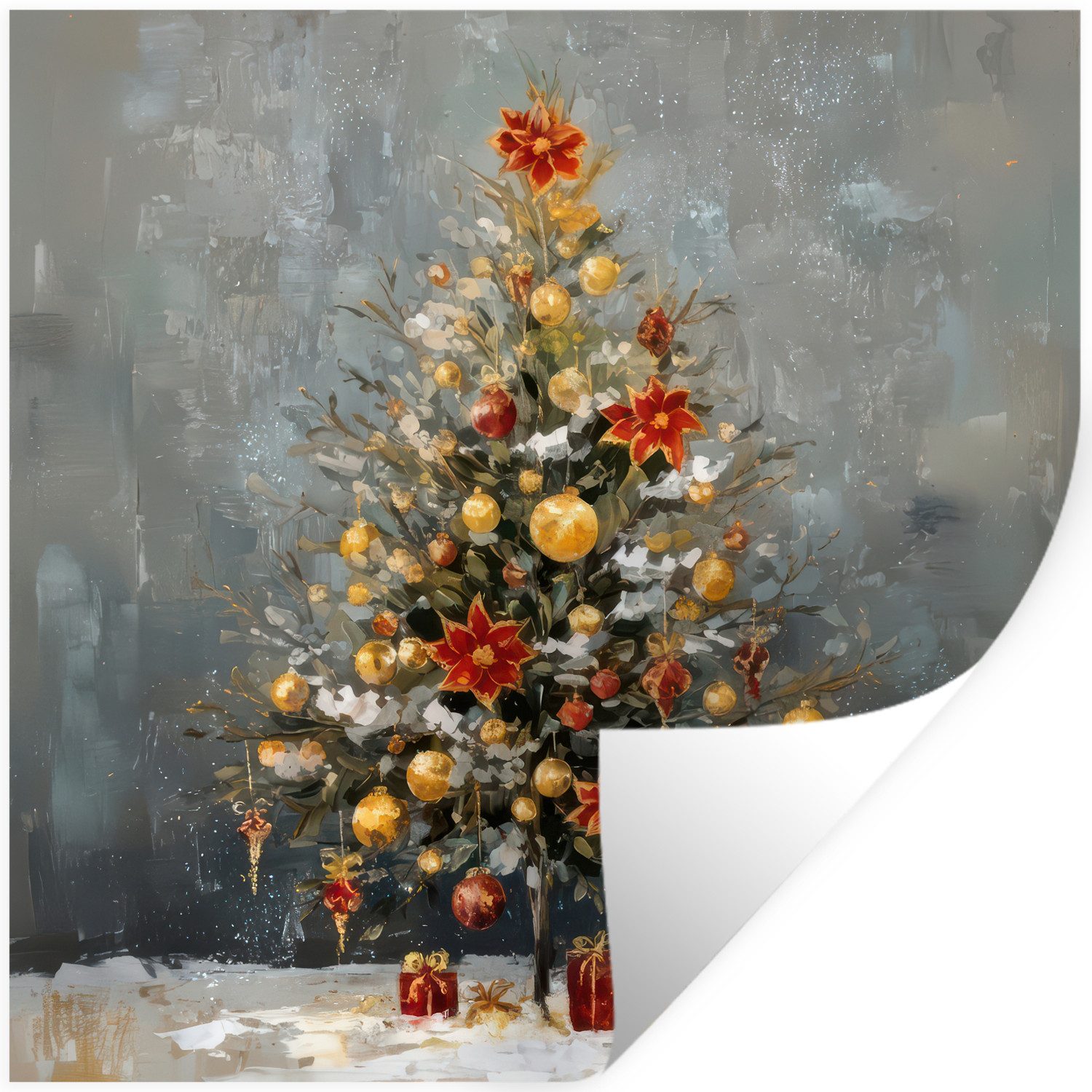 MuchoWow Wandsticker Weihnachtsbaum - Geschenke - Rot - Gold (1 St), Wandaufkleber, Selbstklebend, Wohnzimmer, 100x100 cm