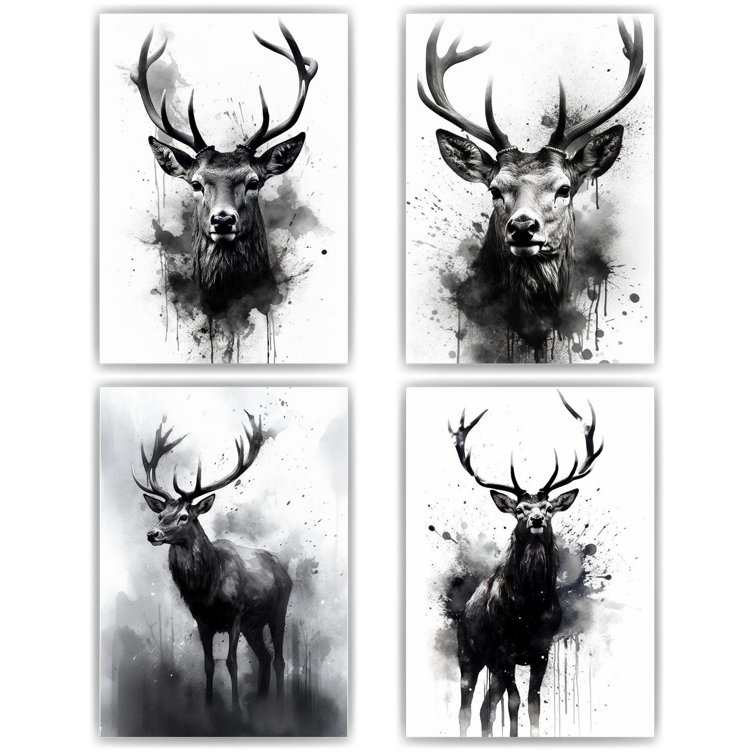 Tigerlino Poster 4er Set Hirsch Wandbilder Kunstdruck Natur Wanddeko Hirsche Wandposter