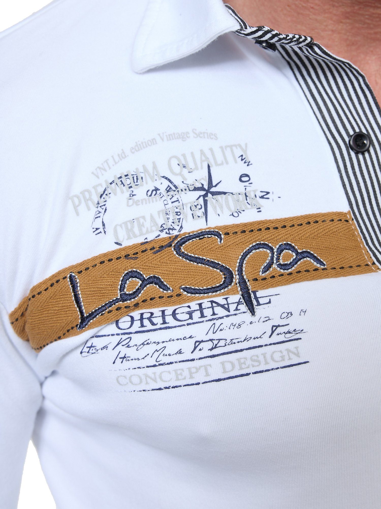 L.gonline Langarmshirt Polo Longshirt, 1-tlg) mit (Packung, modischen Schriftzüge, VIOLENTO Weiß LA Applikationen Longsleeve, Herren SPA