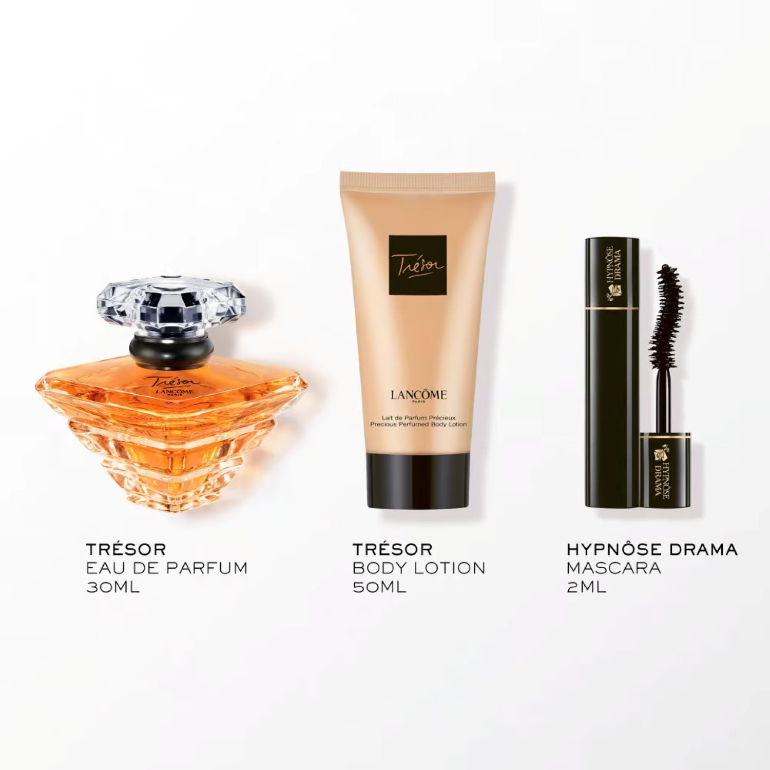 LANCOME Duft-Set Trésor EdP 30 ml Set (Bodylotion + Hypnôse Drama Mini Mascara), 3-tlg., Glasflakon, Geschenkset