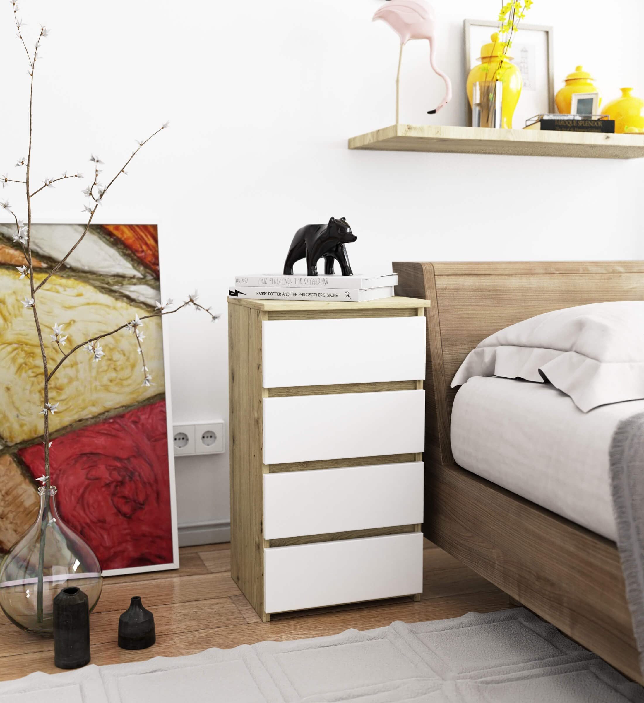 Milord FURNITURE Kommode mit 4 Schubladen 40 cm breit Holz Schrank B40xH74xT35 cm (Highboard Anrichte Schlafzimmer Wohnzimmer Flur Büro Organizer)