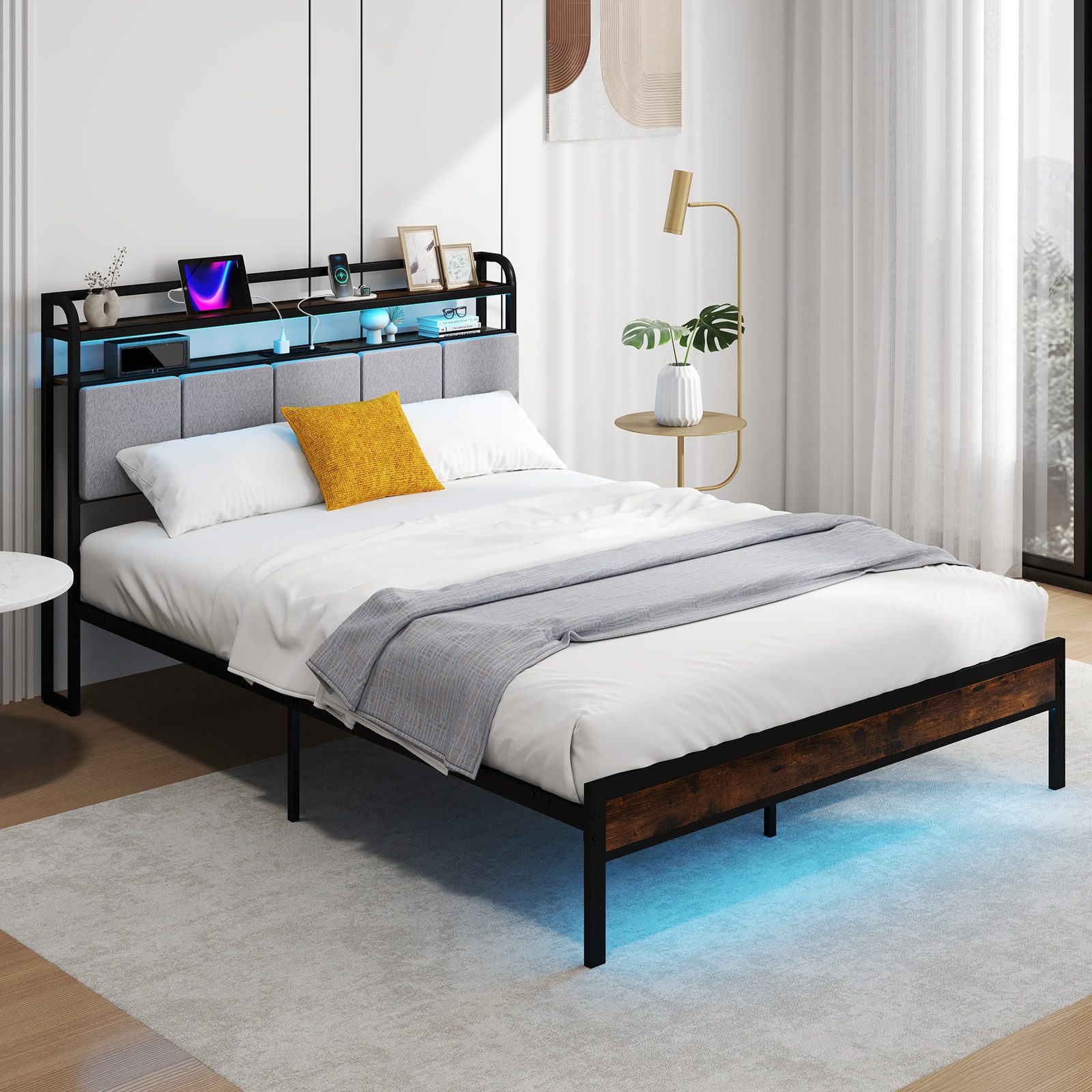 COSTWAY Bettgestell (1-tlg), Polsterbett, mit LED Beleuchtung, Ladestation, günstig online kaufen