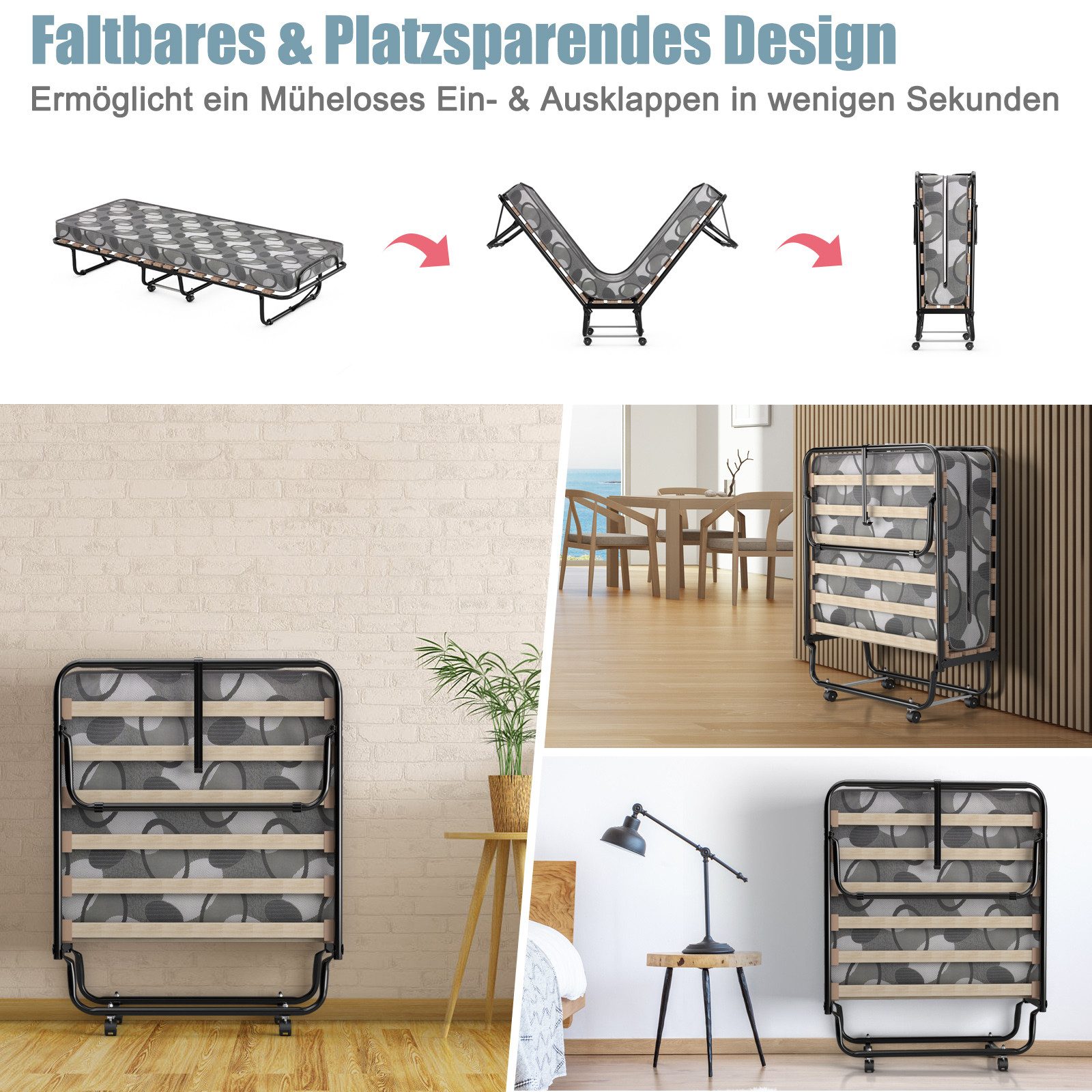 COSTWAY Gästebett klappbar 80x190cm auf Rädern, mit Matratze, bis 130kg günstig online kaufen