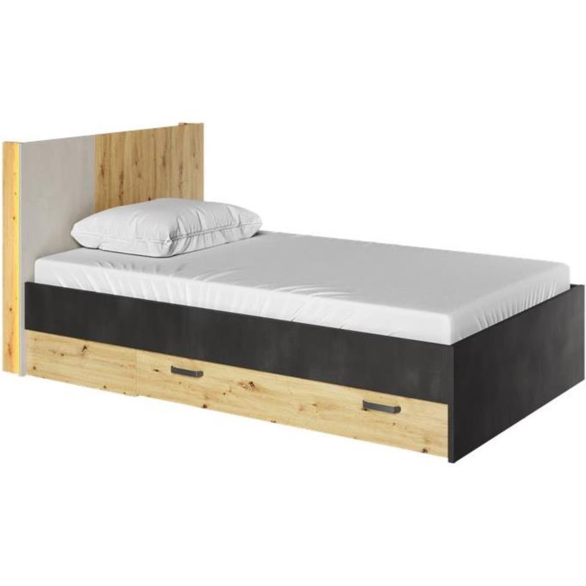 Beautysofa Einzelbett Qubic (inkl. 2 Schubladen, LED-Beleuchtung, Holzgestell), Holzbett mit Bettkasten, Bett im modernes Stil