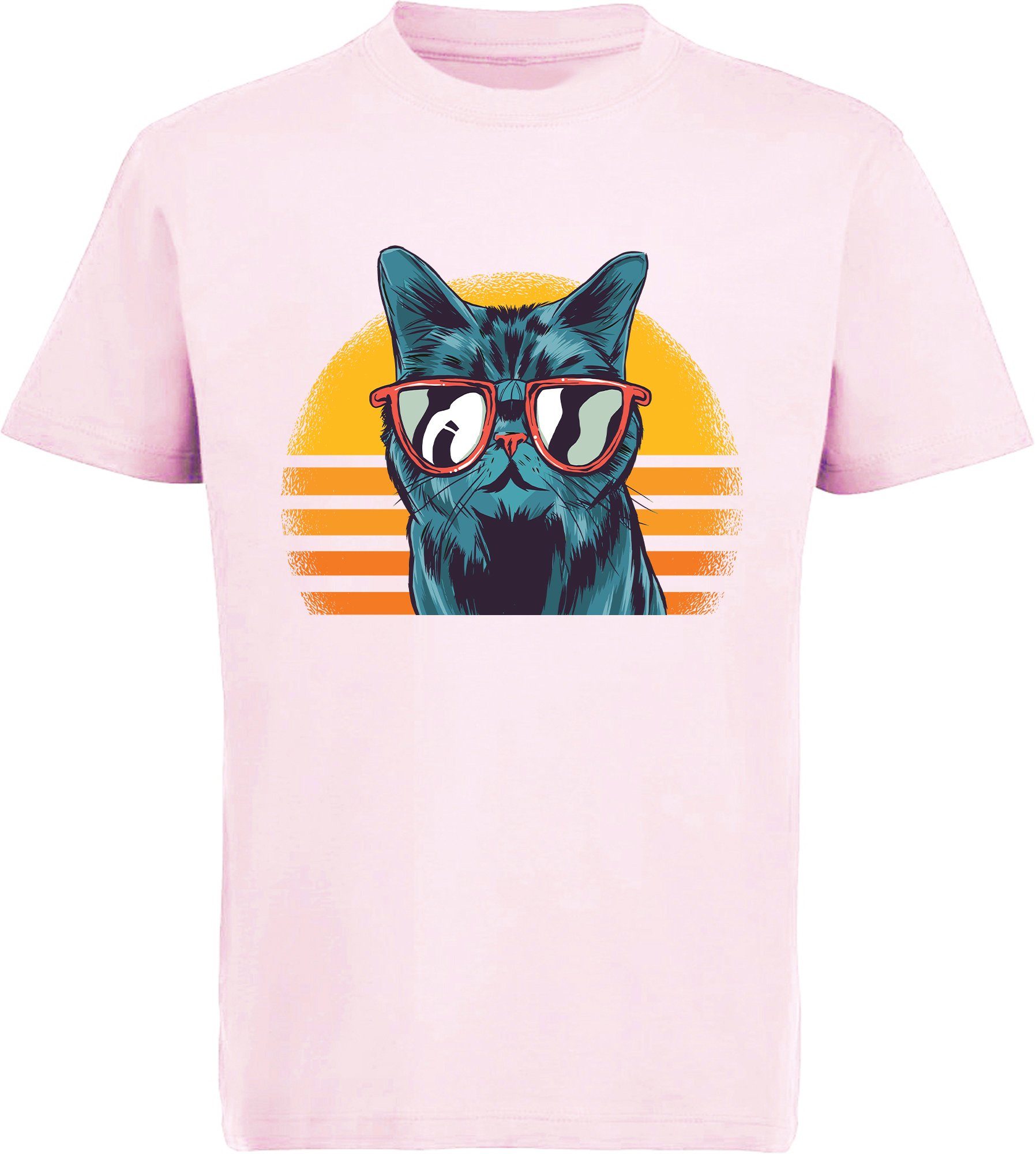 MyDesign24 Print-Shirt bedrucktes Kinder Mädchen T-Shirt coole Retro Katze mit Sonnenbrille Baumwollshirt mit Katze, weiß, schwarz, rot, rosa, i102