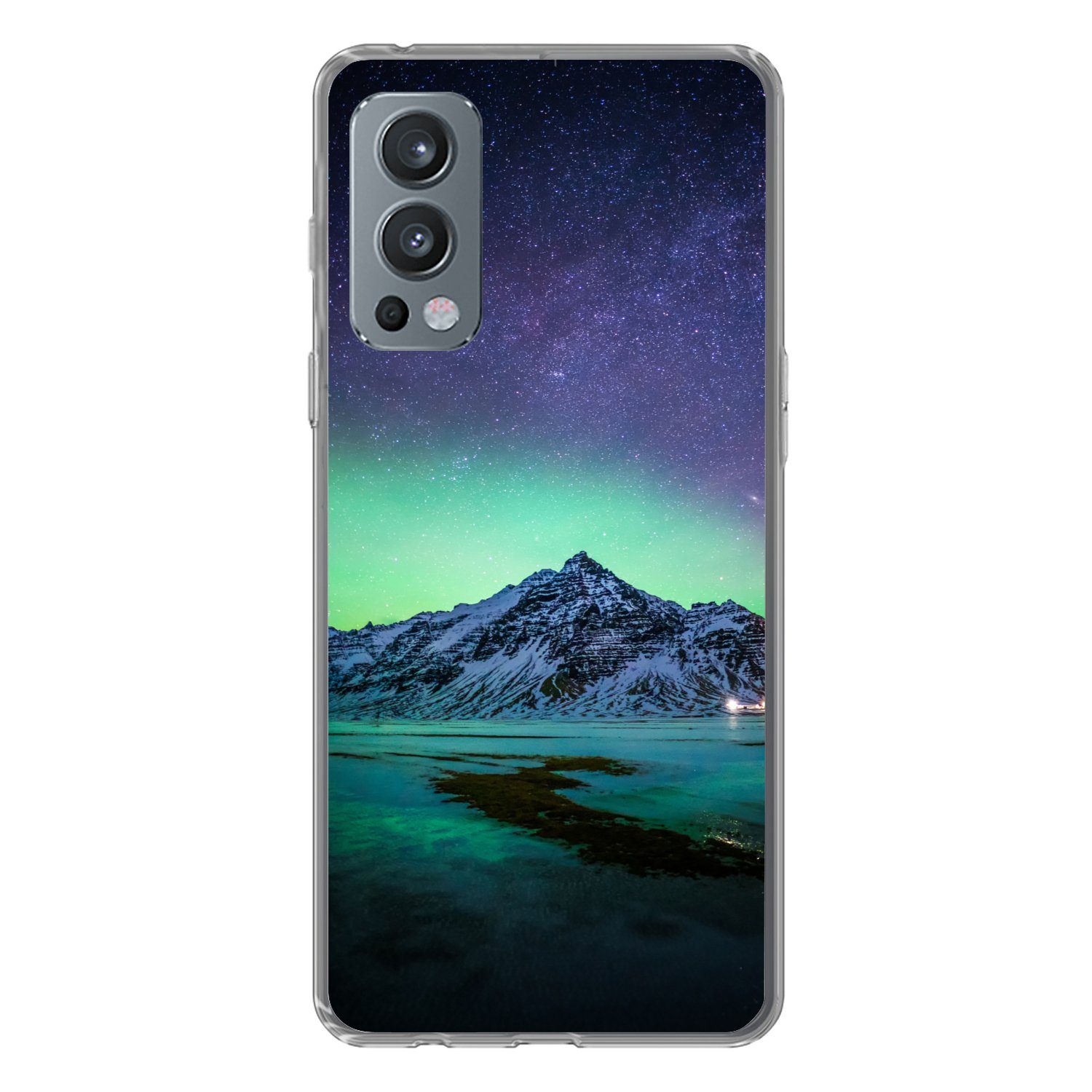 MuchoWow Handyhülle für OnePlus Nord 2 5G Berg - Nordlichter - Schweden - Schnee - Grün -, Phone Case, Silikon, Schutzhülle Dünn