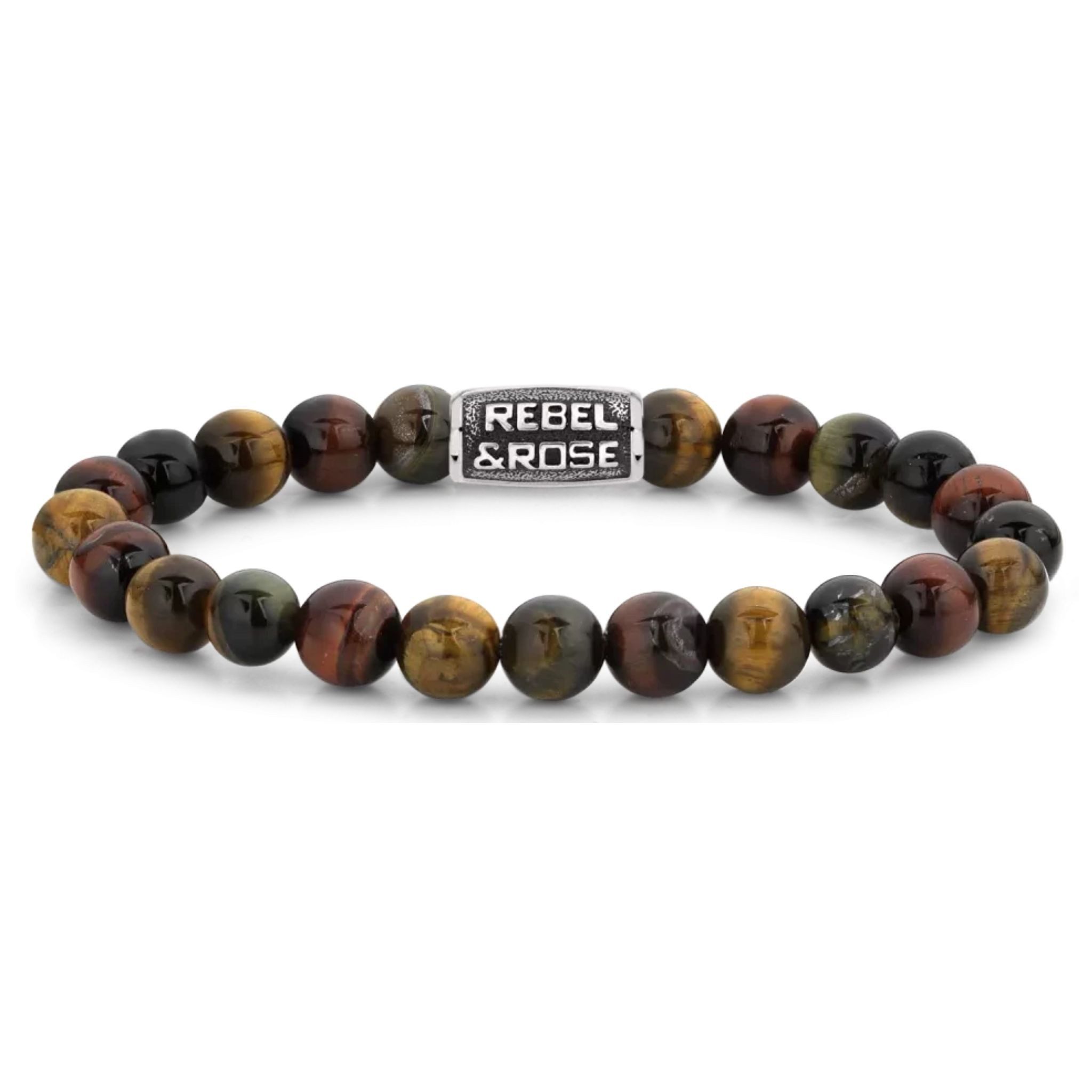 Rebel & Rose Armband Armband aus 8mm großen Edelsteinen Tigerauge mit Metallverschluss