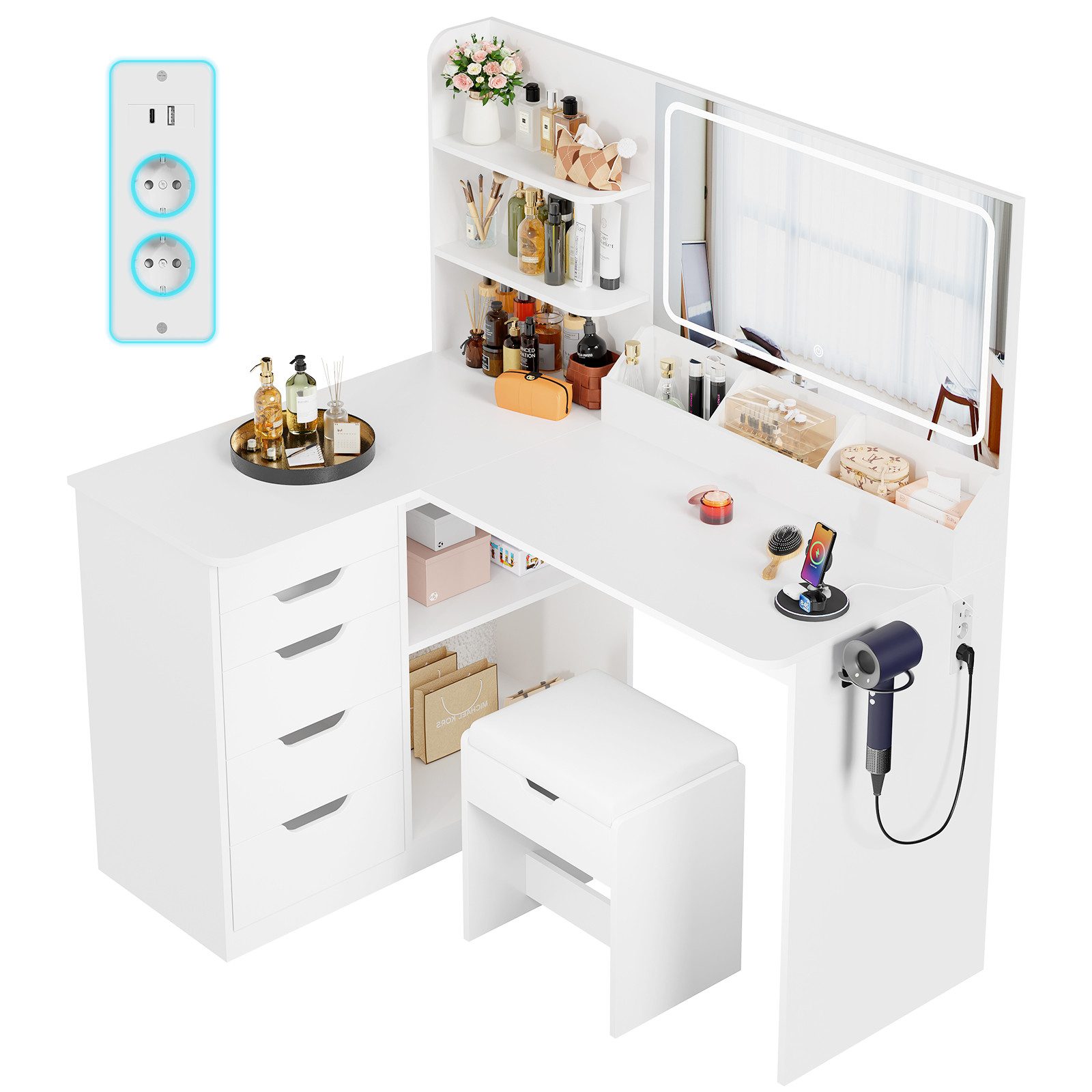 HOMALL Schminktisch Mit Stuhl und dreifarbigem LED-Spiegel, Helligkeit einstellbar (Extra groß: 120 x 80 x 136 cm 2 Steckdosen + 2 USB-Anschlüsse Mit 5 Schubladen + 8 Ablagefächern Für Ihr perfektes Make-up-Erlebnis)