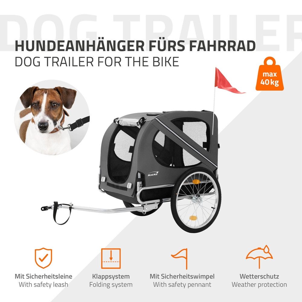 Hauki Fahrradhundeanhänger Fahrradanhänger & Hundebuggy 2in1 klappbar, Hundewagen 130x72x90 cm Grau mit Reflektoren Leine und Flagge bis 40 k