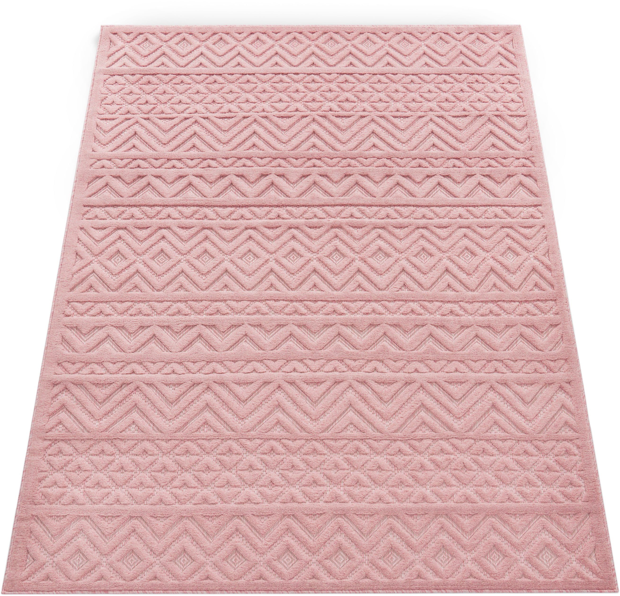 rechteckig, geeignet Paco Muster, Höhe: Teppich Rauten Scandi, 673, Uni-Farben, Livorno 14 Outdoor pink Hoch-Tief mm, Home, Effekt,