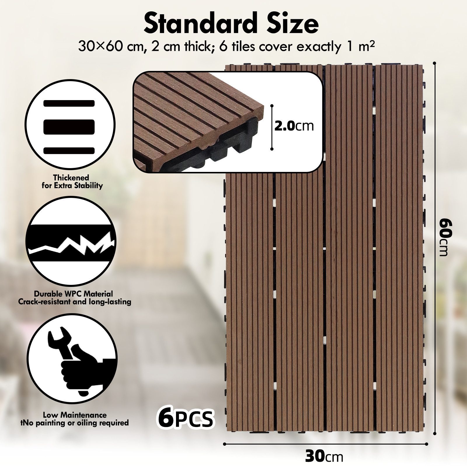 CCLIFE Terrassendielen WPC Terrassendielen, Balkon Boden, 30x30cm/ 30x60cm, (6-St)