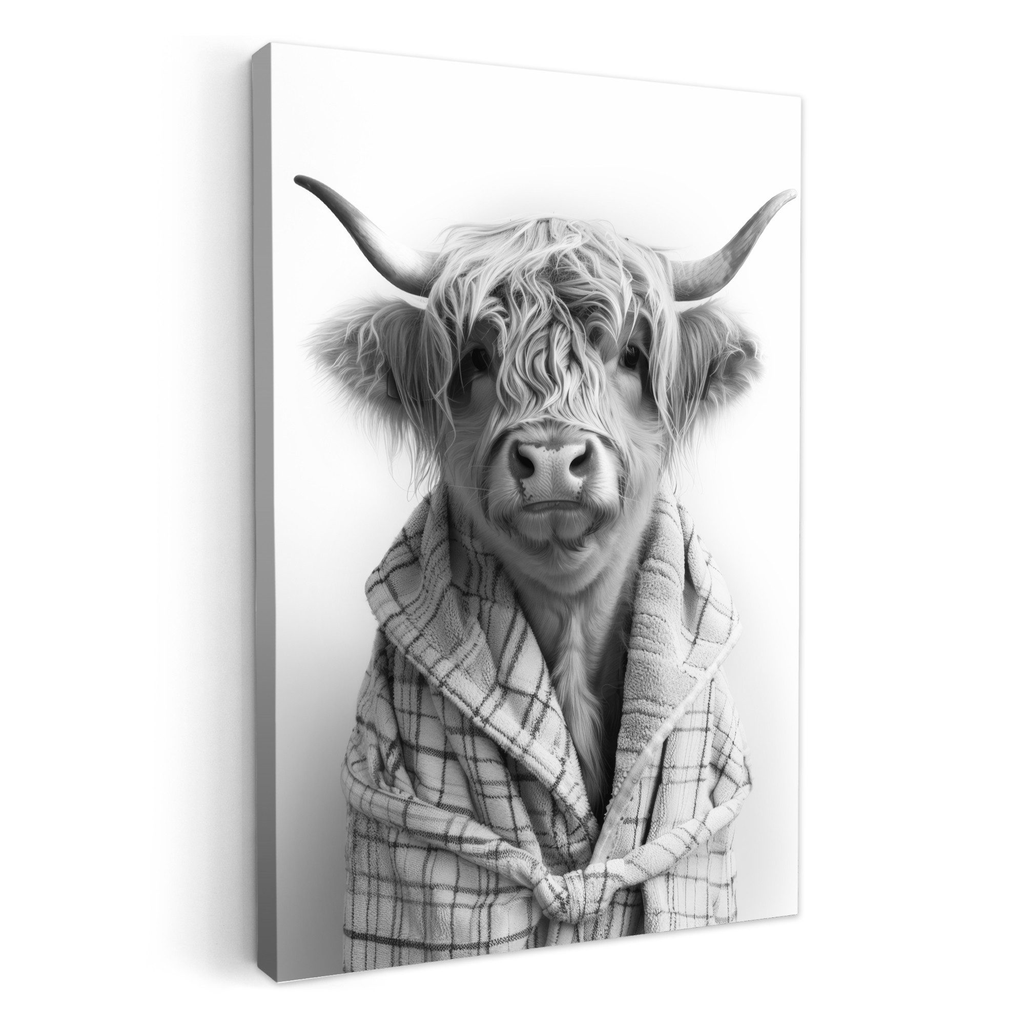 Leinwandbild Scottish Highlander - Kuh - Bademantel - Schwarz und Weiß