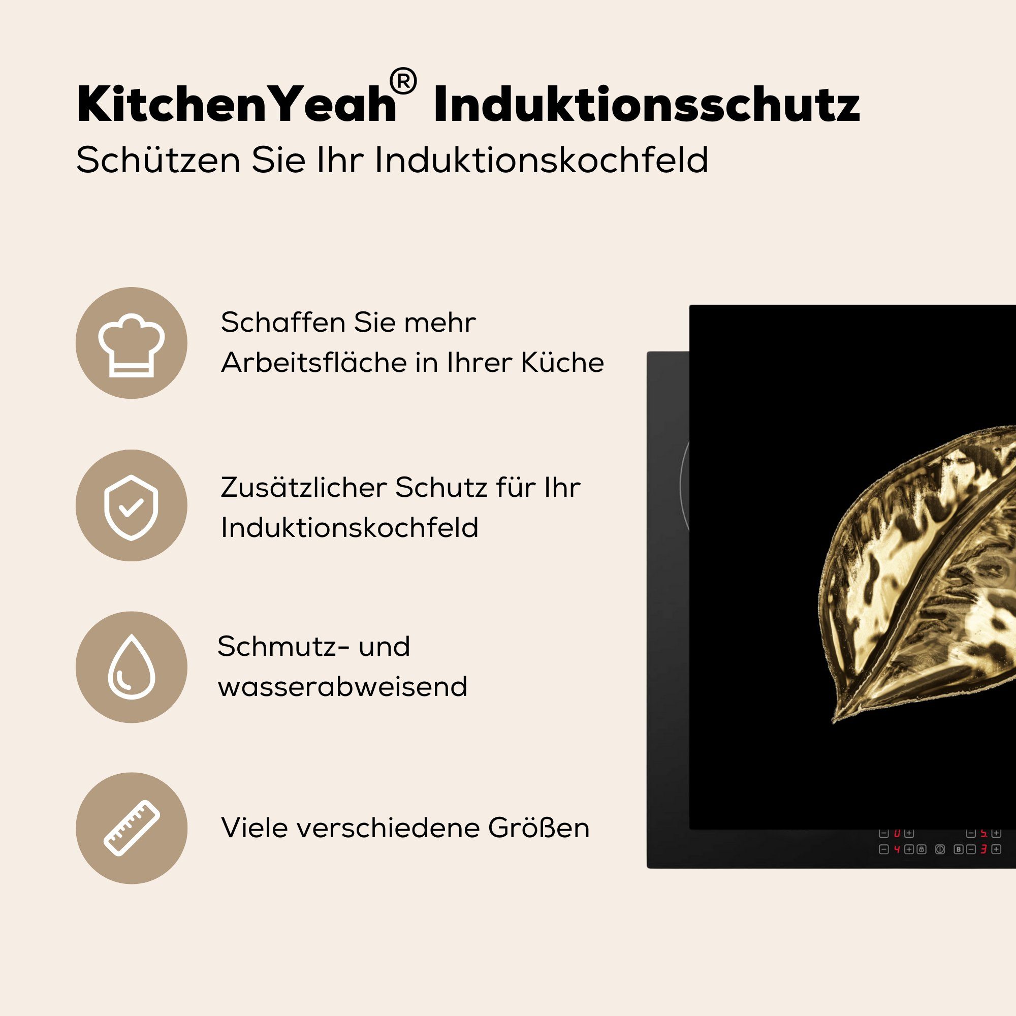 MuchoWow Herdblende-/Abdeckplatte Blatt küche Gold Arbeitsplatte Vinyl, 78x78 tlg), (1 für - - cm, Ceranfeldabdeckung, Pflanze