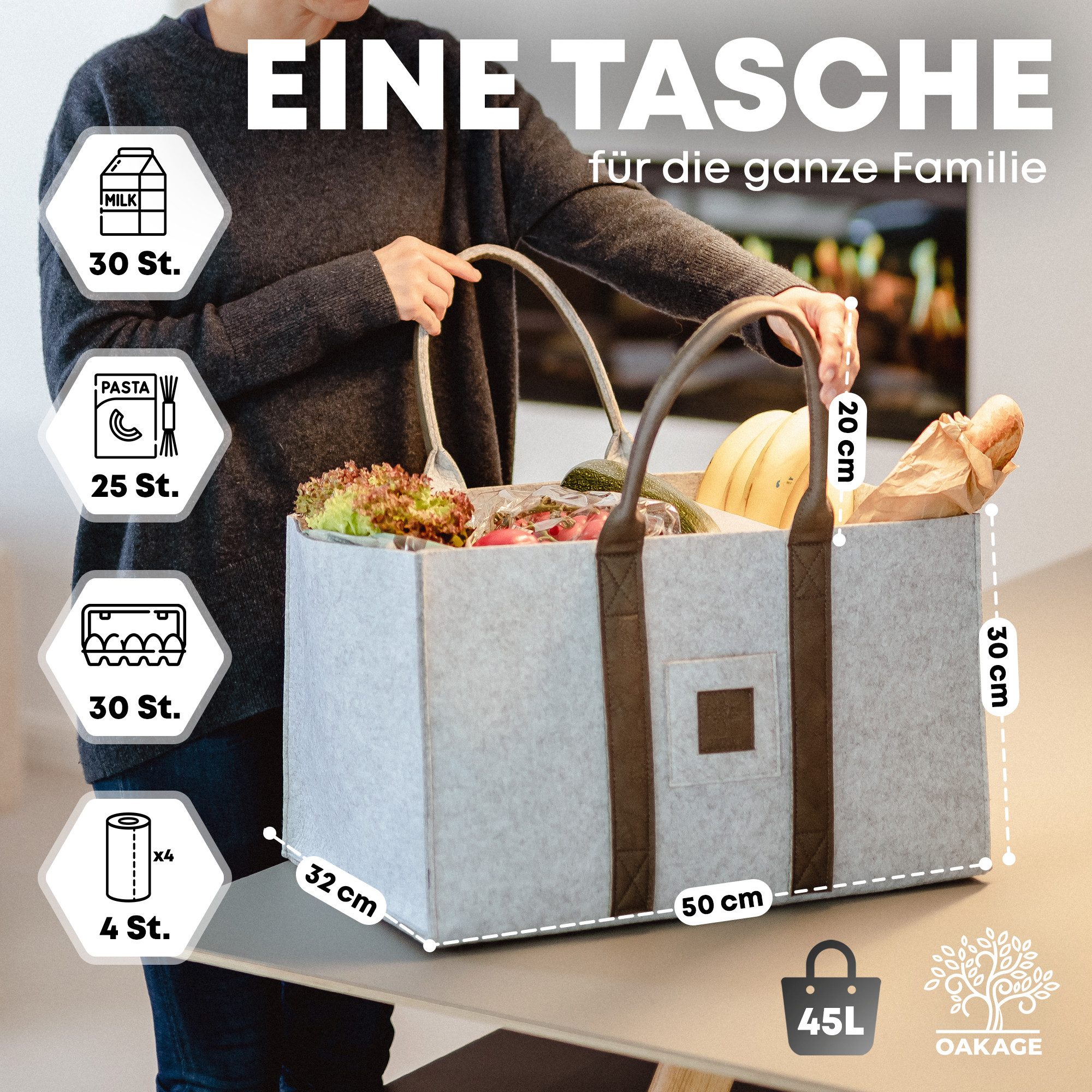 OAKAGE Kaminholzkorb Allzweckkorb Holzkorb für Kaminholz Feuerholzkorb Kaminkorb Filzkorb (2er-Set), Aufbewahrungstasche für Schlüssel oder Freuerzeug