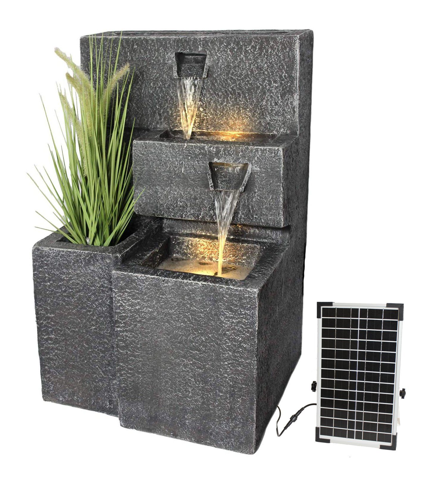 Arnusa Gartenbrunnen Solar Springbrunnen Grada mit Beleuchtung und Akku Solarmodul, 47,50 cm Breite, Wasserspiel Terrassenbrunnen 75 cm