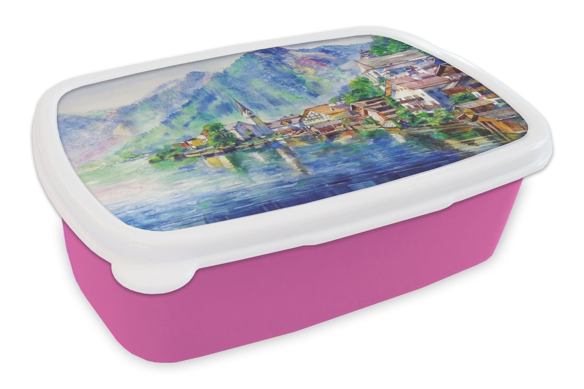 MuchoWow Lunchbox Gemälde - Ölfarbe - Haus - Berge - Wasser, Kunststoff, (2-tlg), Brotbox für Erwachsene, Brotdose Kinder, Snackbox, Mädchen, Kunststoff rosa