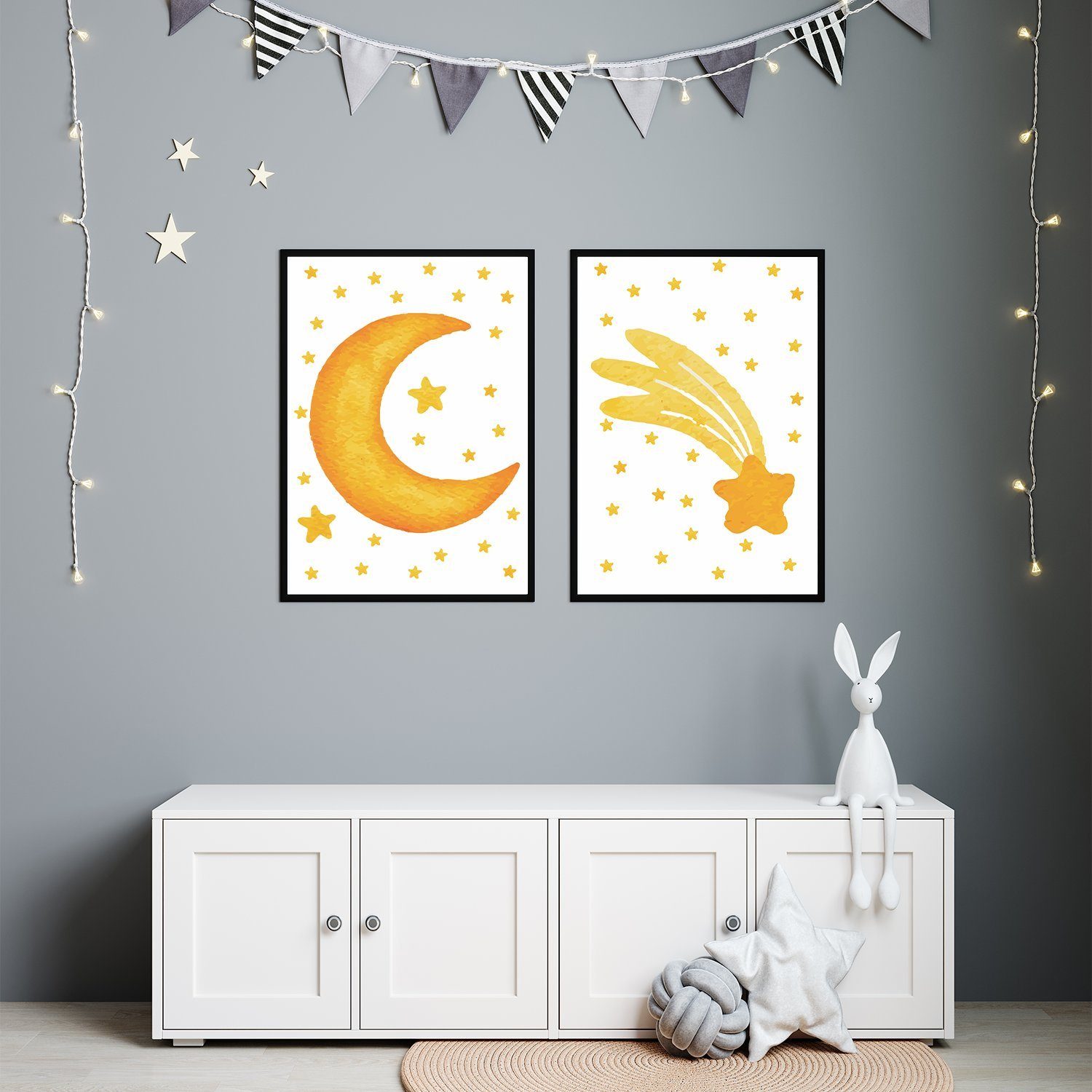 Tigerlino Poster Mond Sterne 2er Set Kinderzimmer Bilder Deko Babyzimmer Wandbilder