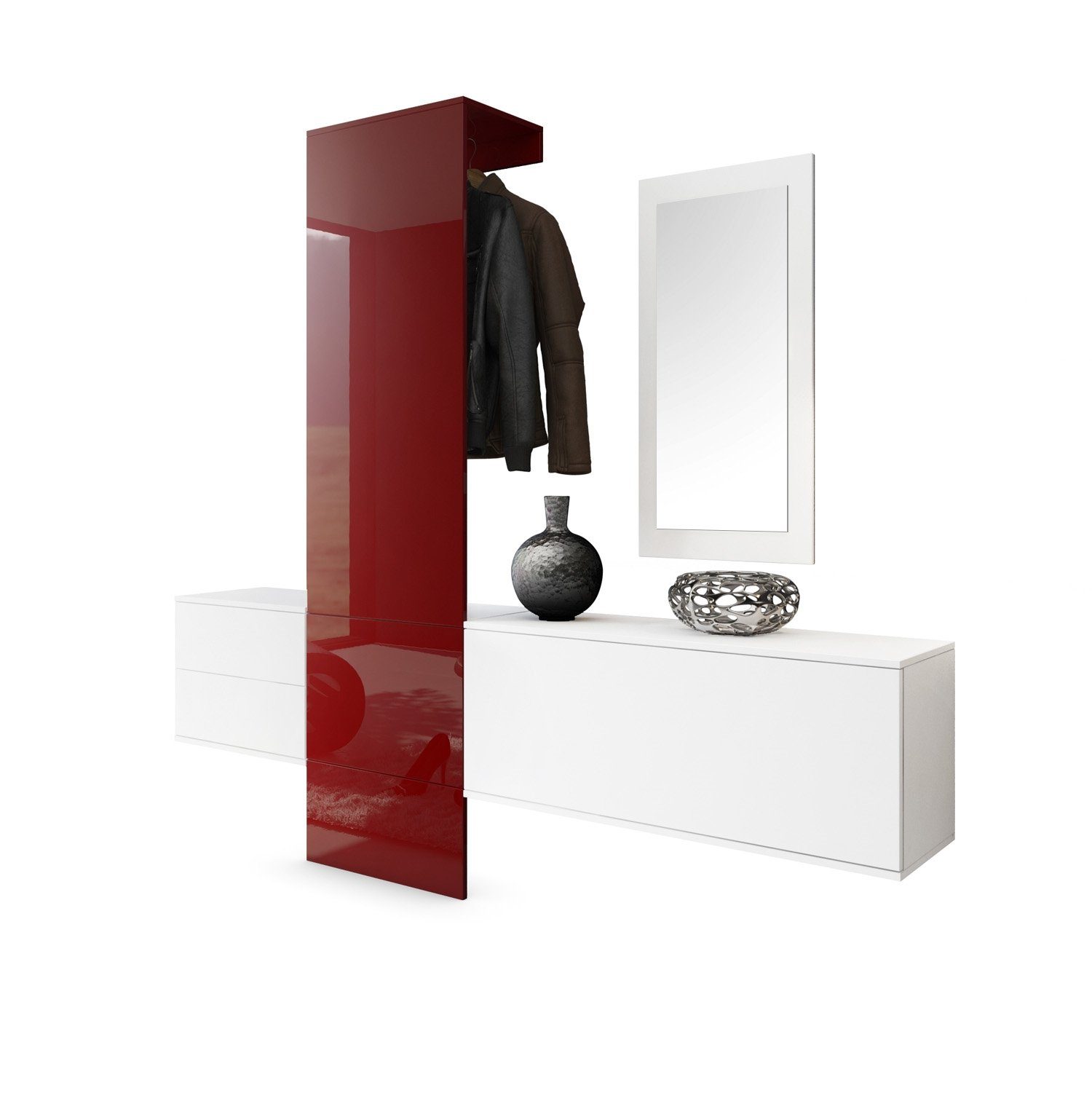 Vladon Garderoben-Set Carlton Set 1, (Wandgarderobe bestehend aus, 4-St., 1 Paneel, 1 Schubkastenschrank, 1 Schrankmodul und 1 Spiegel), Weiß matt/Bordeaux Hochglanz (208 x 193 x 35 cm)