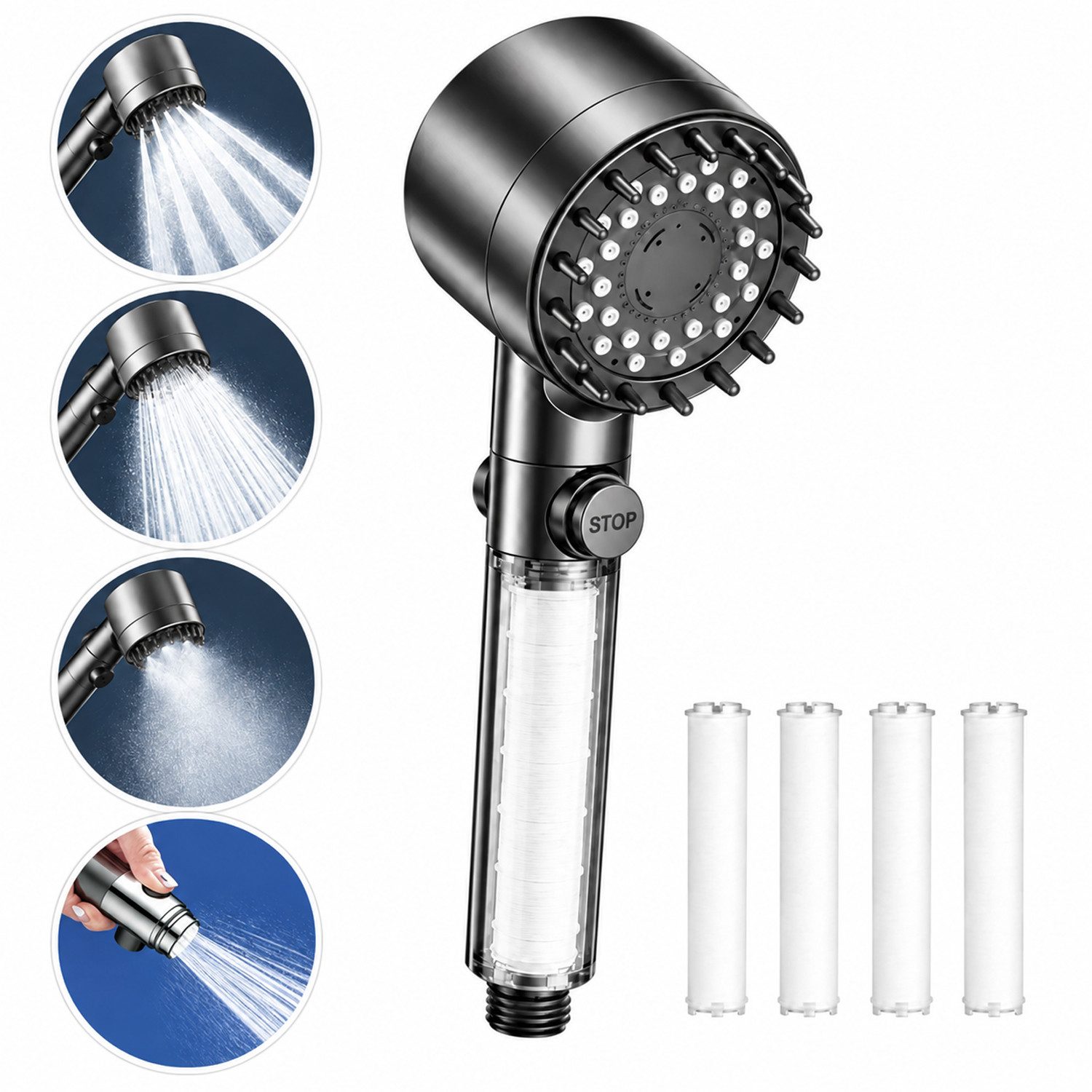 BOOD Handbrause Hochdruck-Duschkopf mit Filter und Ein-Knopf-Stoppfunktion,3 Modi, (Packung, Montage erforderlich), Packungsinhalt Grau1: 1 Handbrause+4 Filterwatten