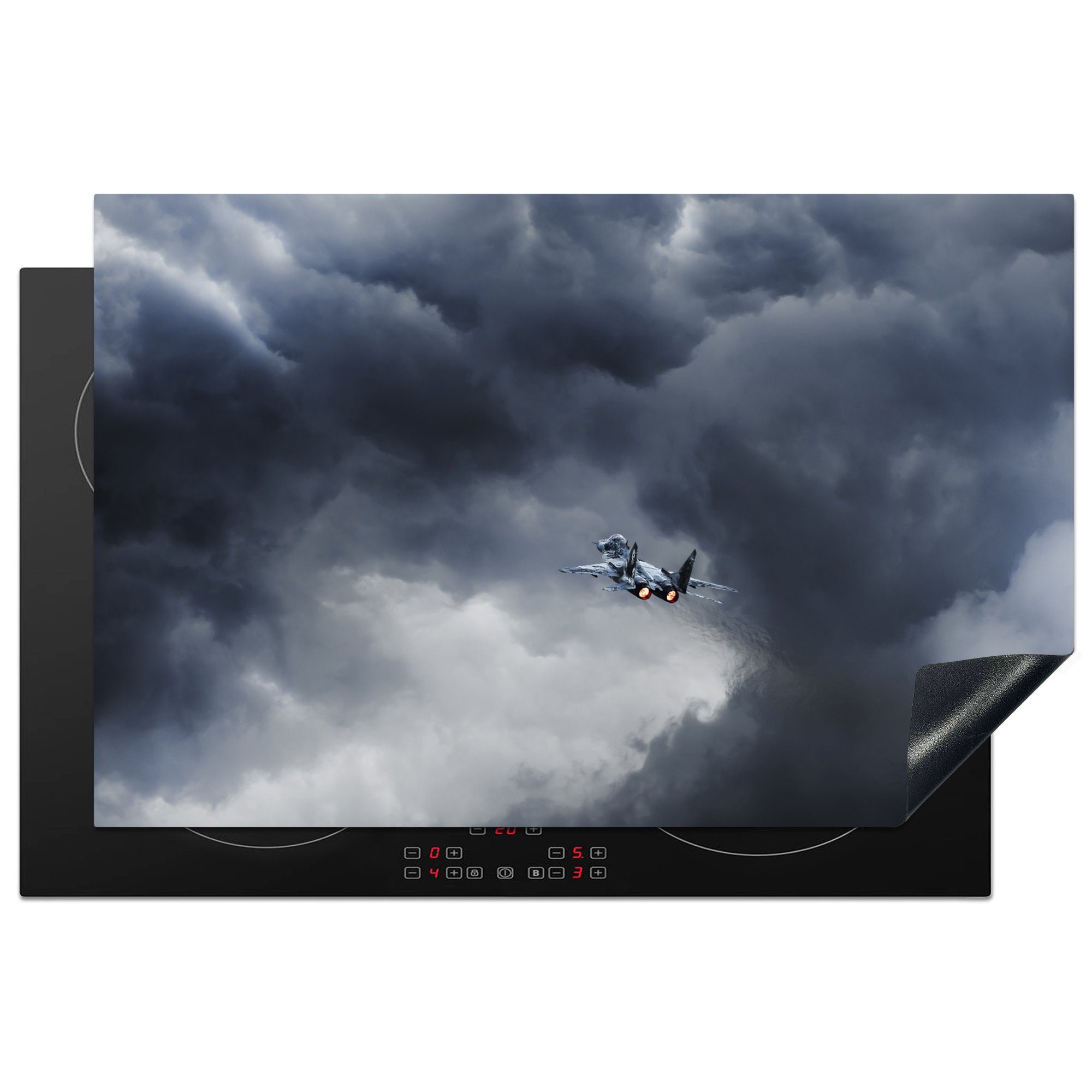 MuchoWow Herdblende-/Abdeckplatte Kampfflugzeug fliegt durch die Luft, Vinyl, (1 tlg), 81x52 cm, Induktionskochfeld Schutz für die küche, Ceranfeldabdeckung