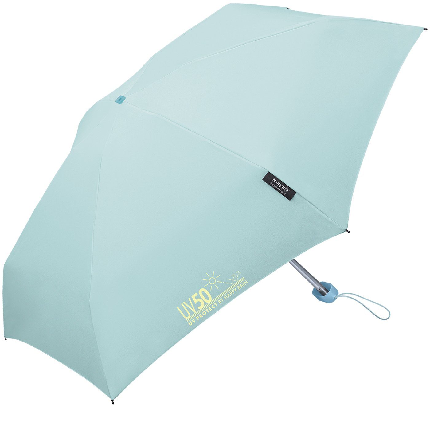 blau HAPPY RAIN schützt Mini Sonne vor mit für klein unterwegs Regen und UV-Protect Taschenregenschirm Ultra UV50 - winzig Flat Sonnenschutz,