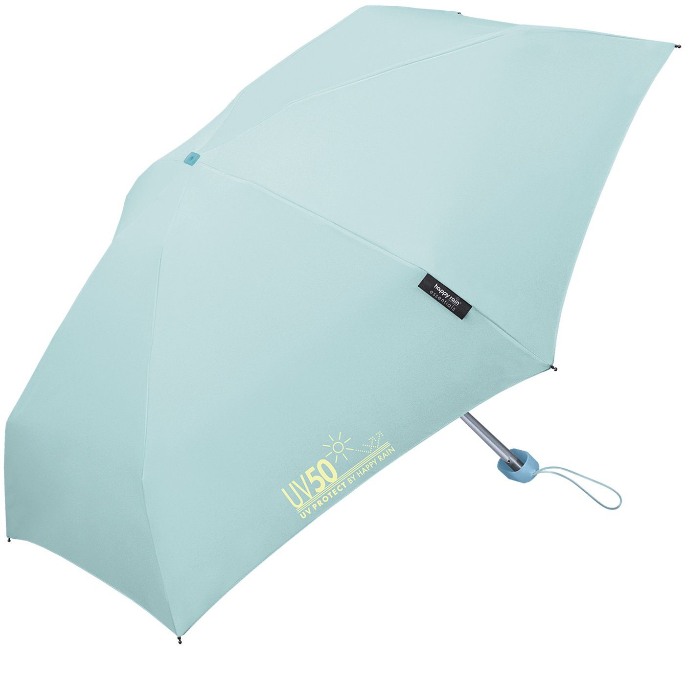 HAPPY RAIN Taschenregenschirm UV-Protect UV50 Ultra Mini Flat mit Sonnenschutz, winzig klein für unterwegs - schützt vor Sonne und Regen