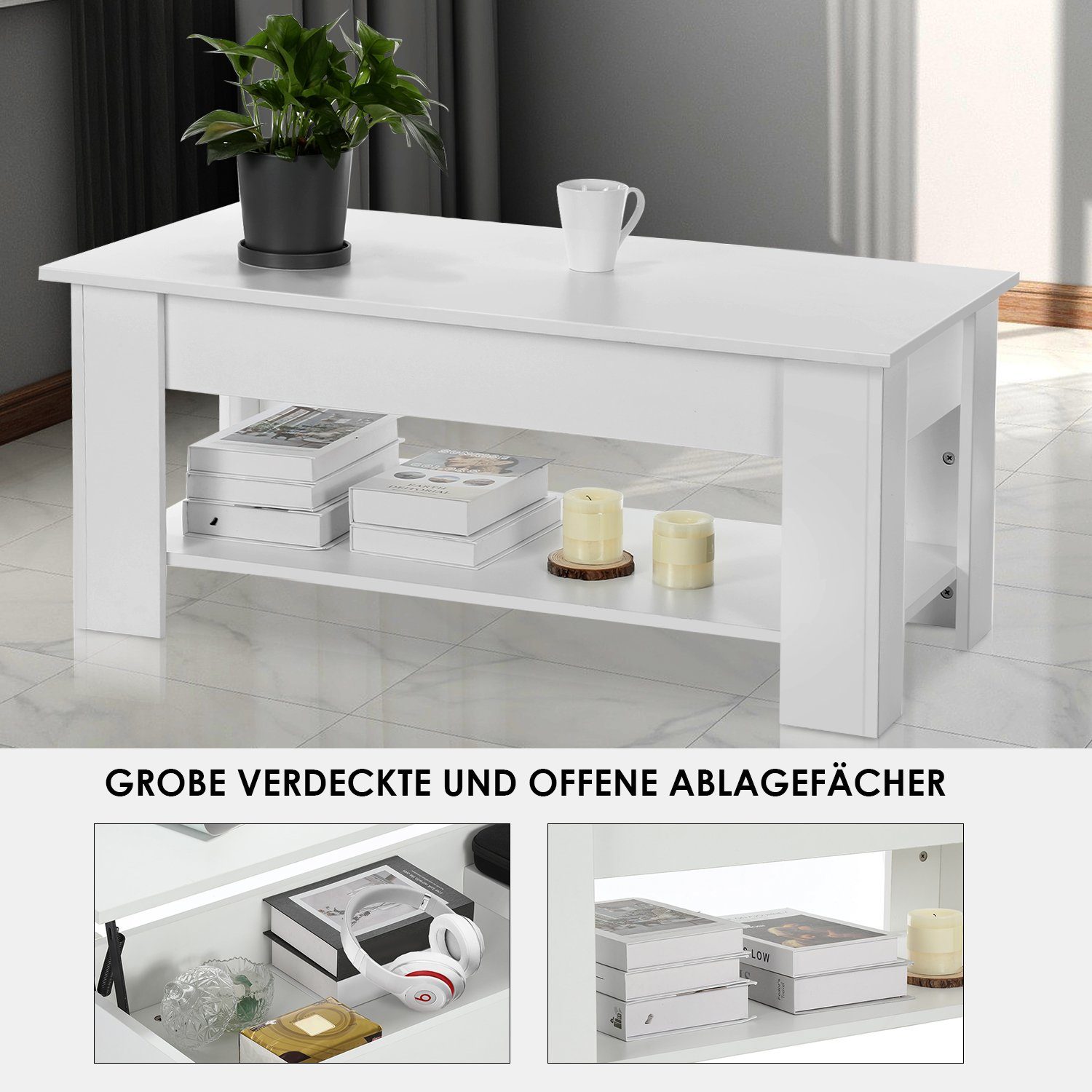 oyajia Couchtisch Couchtisch mit höhenverstellbarer Platte 100cm, Ausziehbarer Sofatisch, Modern Weiß Kaffeetisch für Studie, Büro, Wohnzimmertisch, Empfangraum – Bild 5 von 5