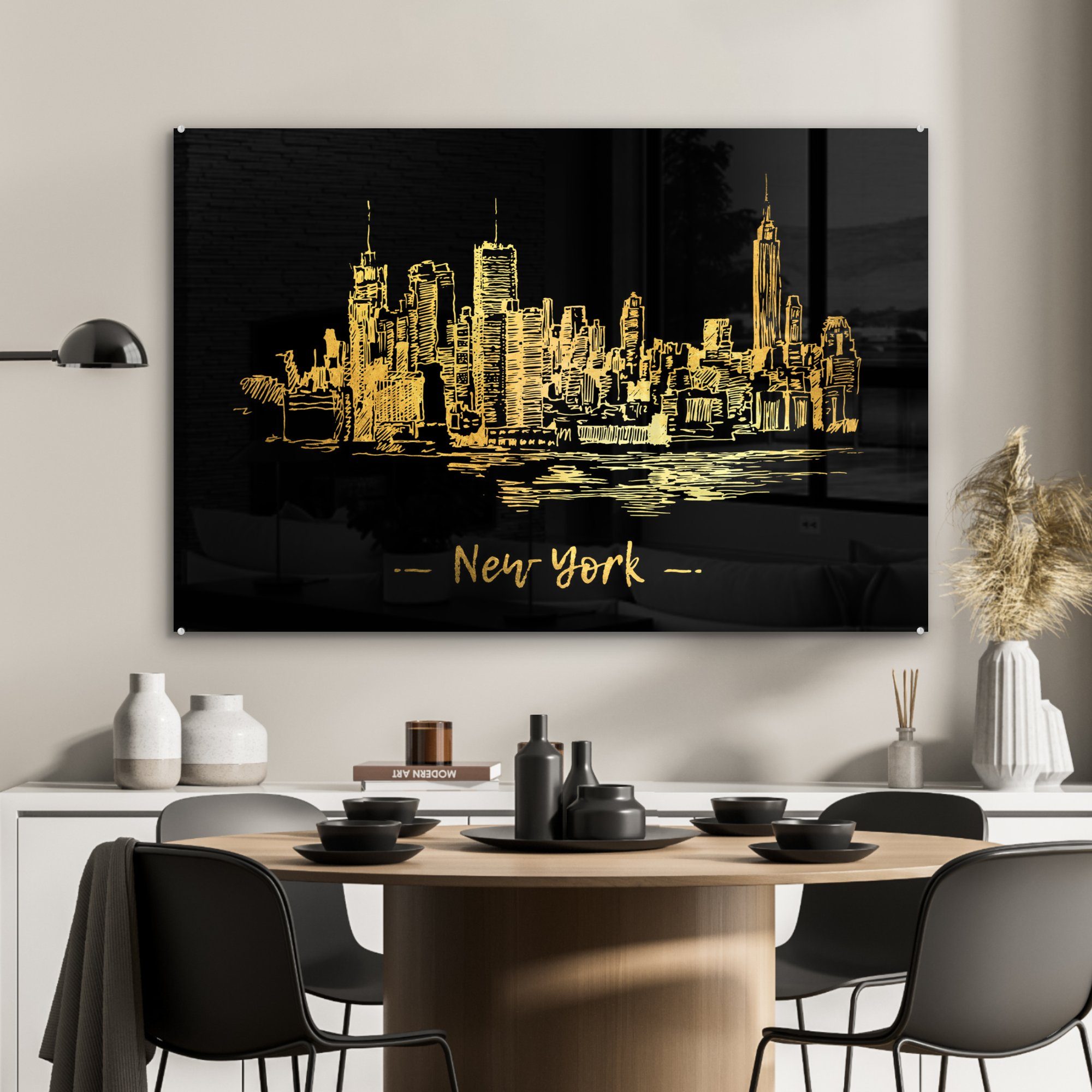 MuchoWow Acrylglasbild & York - Acrylglasbilder Skyline Gold, - Wohnzimmer St), New Schlafzimmer (1