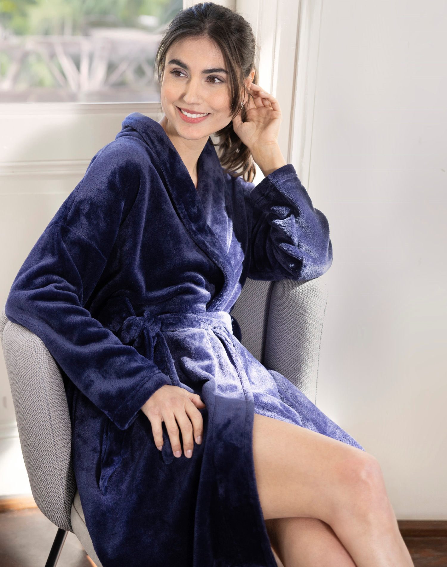 like it! Damenbademantel Kuscheliger Damen Morgenmantel, Midi, Polyester, Gürtel, Fleece