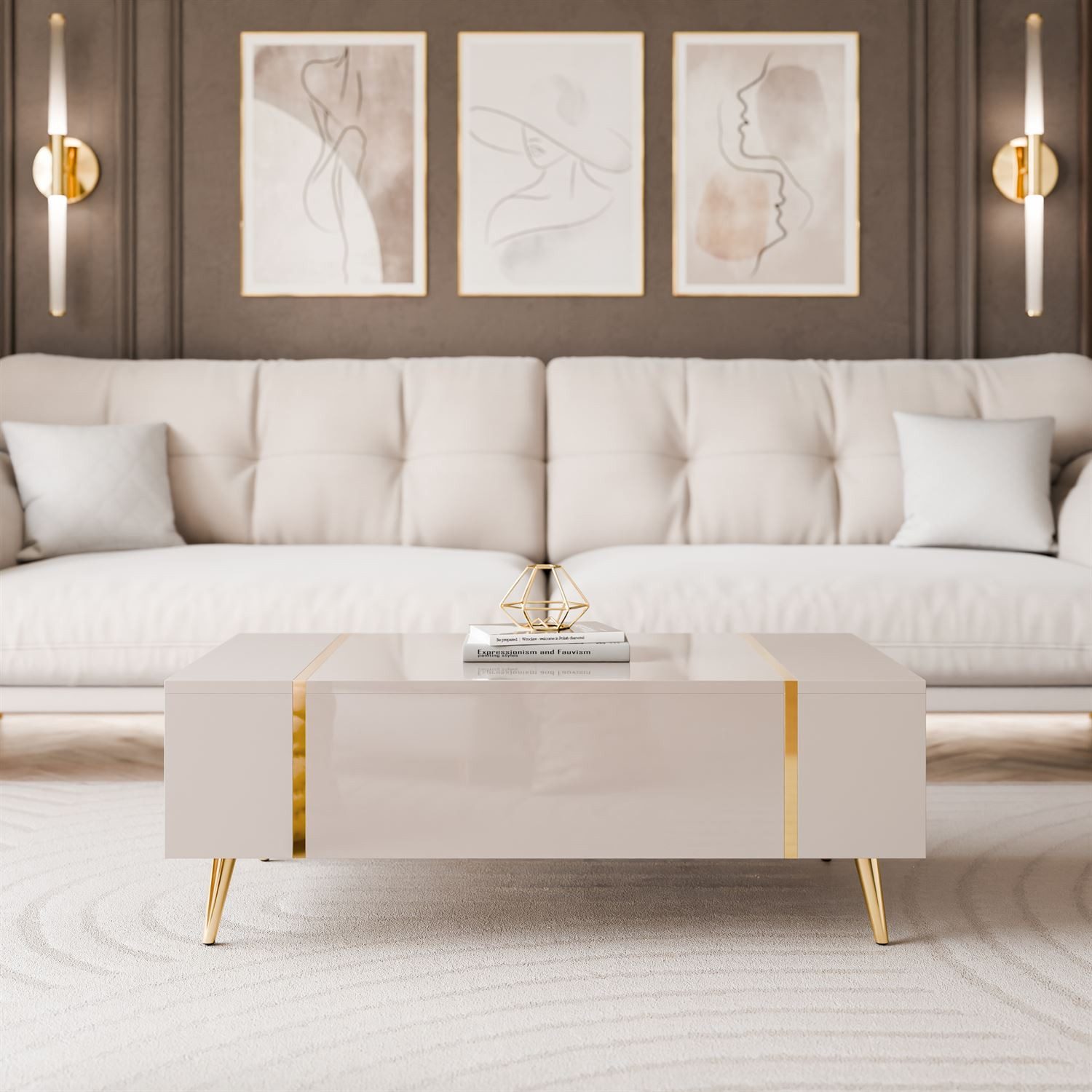 Lookway Couchtisch ONYX – Kaschmir Hochglanz mit goldenen Beinen (1x Tisch), Breite: 104 cm