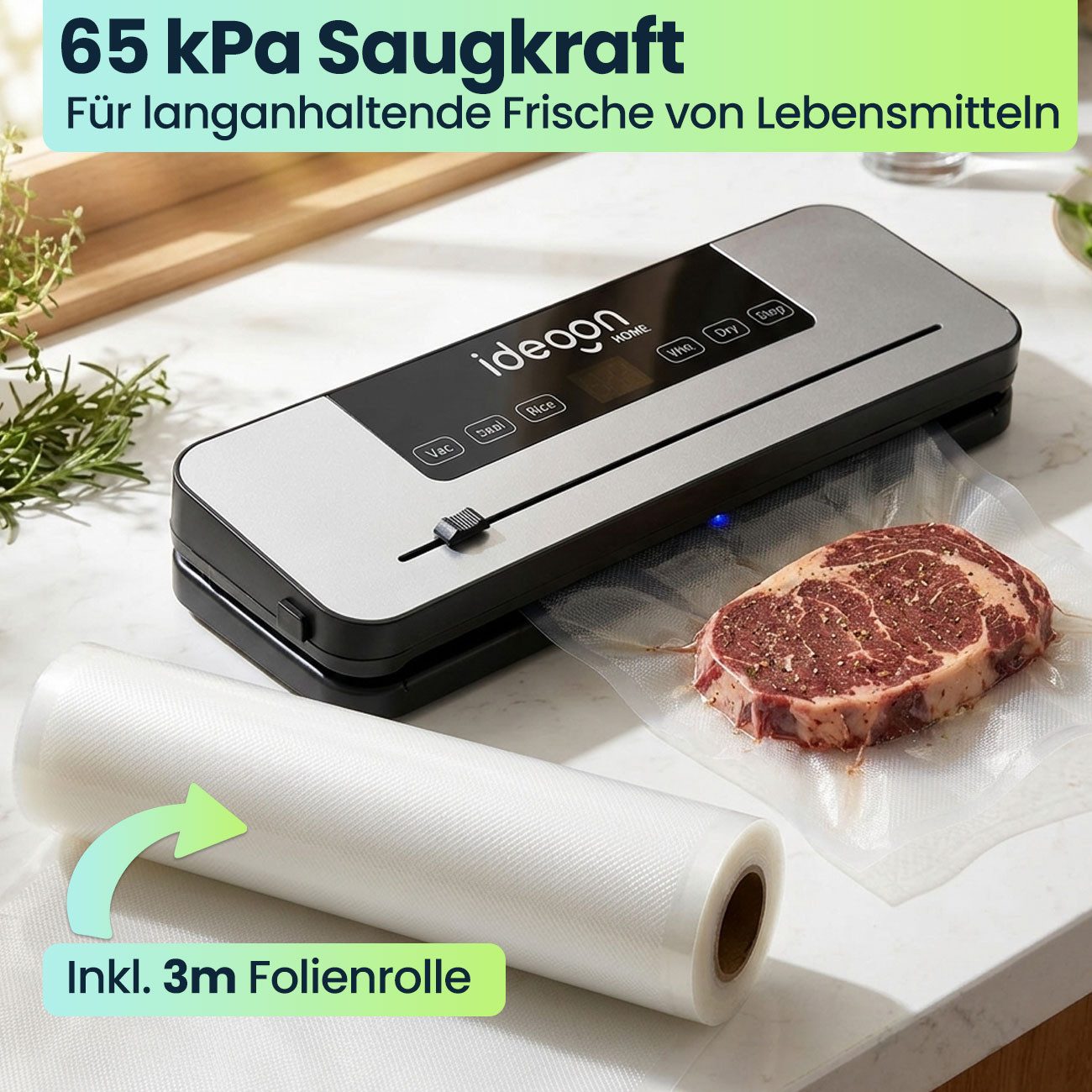shop'n smile ideoon Vakuumierer Vakuumiergerät 120W, 65 kPa, Touch-Display, inkl. 3m Folienrolle, Geeignet für Folienbeutel bis zu 30 cm Breite