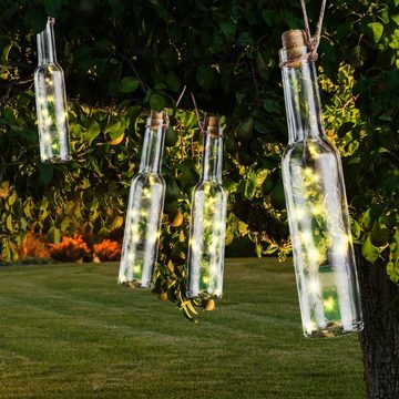 Haushalt International LED Dekolicht, Leuchtmittel inklusive, Warmweiß, Außenlampe LED Solar Lichterkette Glas Flasche 4-flammig Deko warmweiß