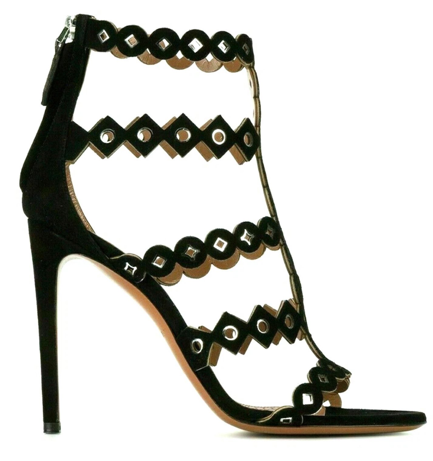 ALAÏA PARIS Circles & Diamonds Samt Laser Cut Metal Sandalen Schuhe 38 High-Heel-Pumps Karton in Lederoptik mit Metallecken und Lederriemenverschluss