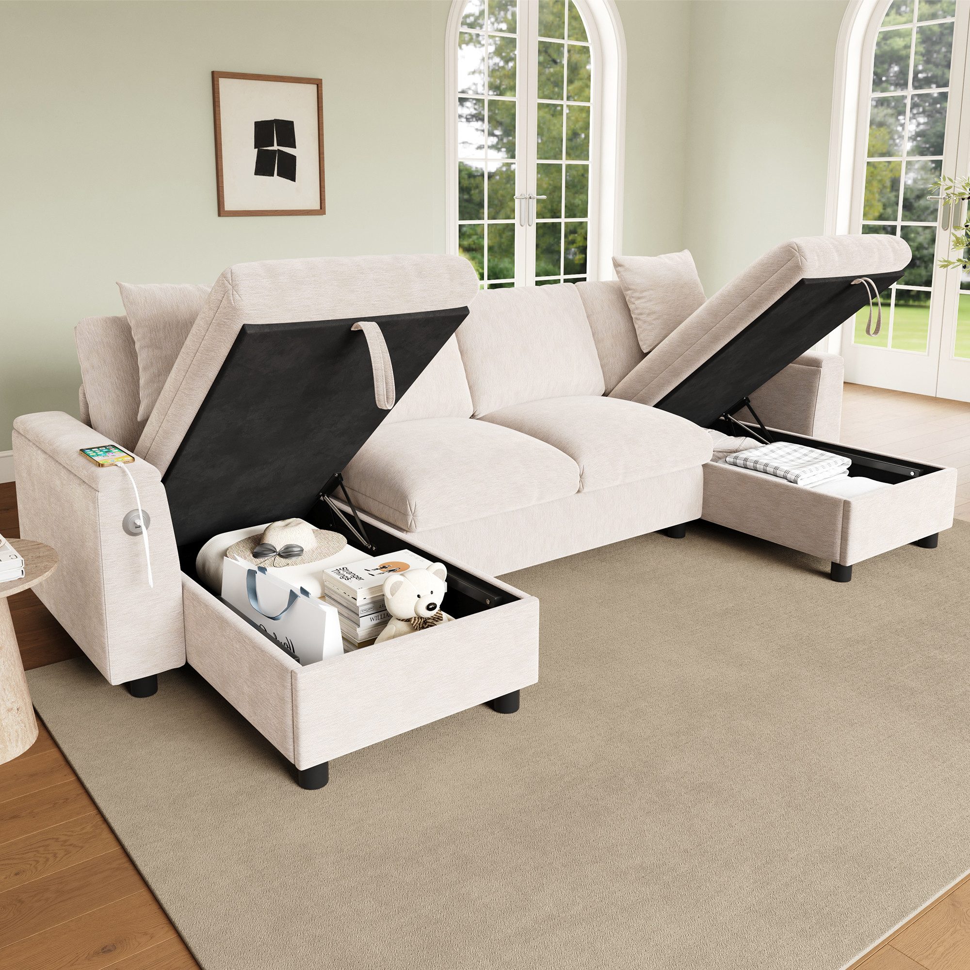 Flieks Ecksofa Couch U-Form Schlafsofa mit Ladefunktion, Schlaffunktion und Stauraum, 284×135×84 cm, Armlehne mit Staufach, USB-&Type-C-Anschluss, Bettfunktion, Bettkasten & 2 Zierkissen, Federkern, Sofa aus Chenille