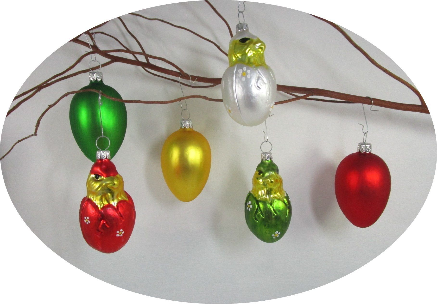 Nostalgie Christbaumschmuck Thüringen Osterei Ostereierset bunt mit Figuren (gemischtes Set, 6 tlg), MADE IN GERMANY